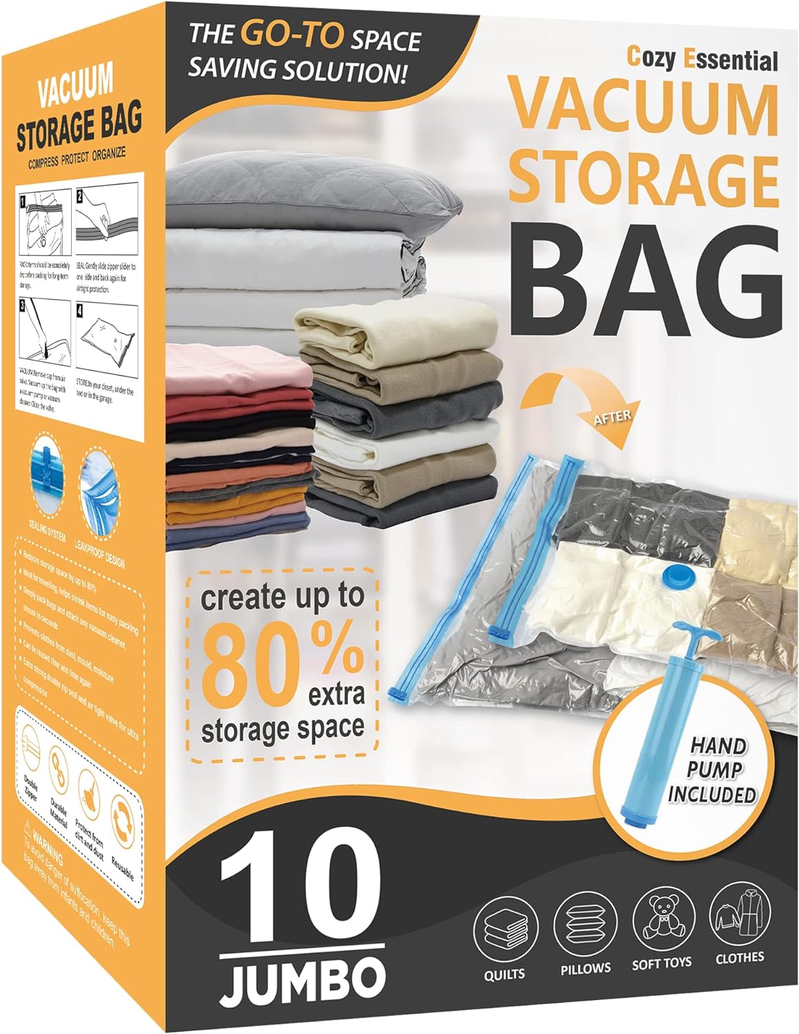 Cozy Essential Vacuum Storage Bags, 80% Compression Vacuum Seal Space Saver Plastic Packaging Bags for Clothes, Blankets, Pillow, Bedding, Comforters, Sealer Clothing Storage,20 Combo