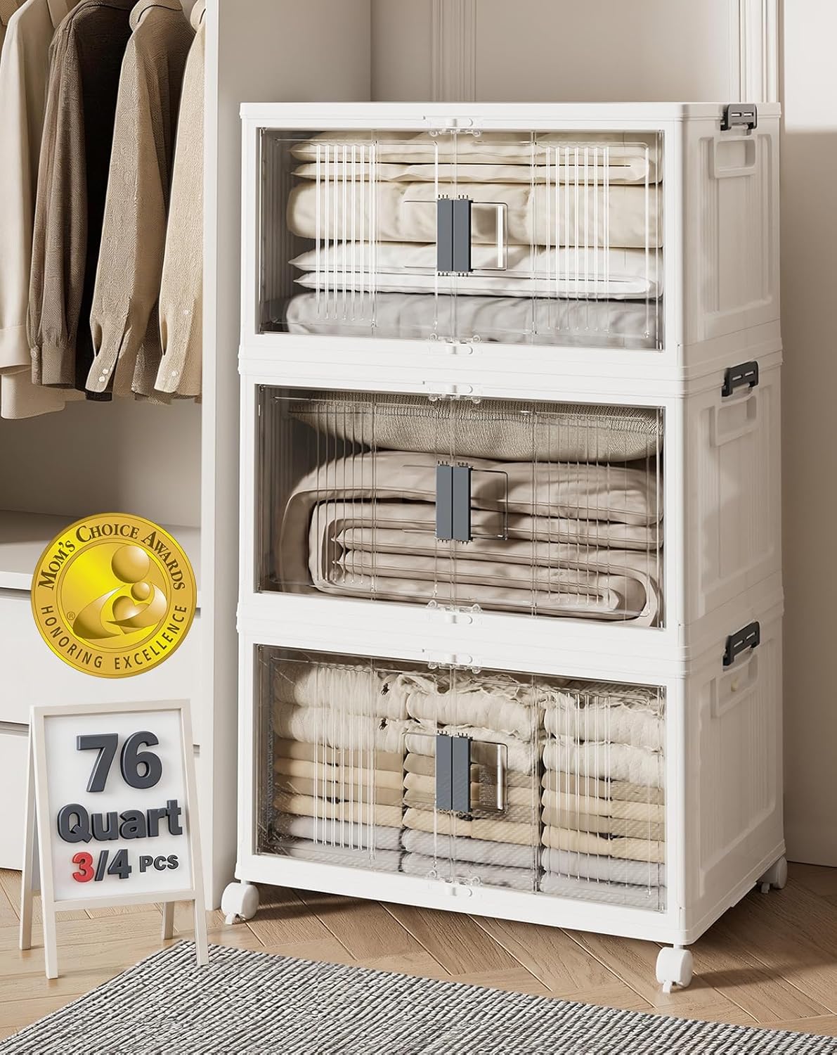 OlarHike 144QT Lockable Storage Bins with Lids - Folding Storage Cabinet with Doors and Wheels, Collapsible Plastic Box for Closets, Office, Stackable Organizer and Containers, Gifts, 3 Pack Cubes