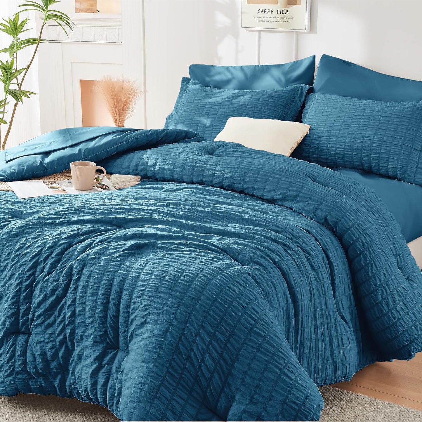 HYMOKEGE Queen Comforter Set Seersucker 7 Pieces, All Season Luxury Bed in a Bag for Bedroom, Bedding Set with Comforters, Sheets, Pillowcases & Shams, Dark Grey