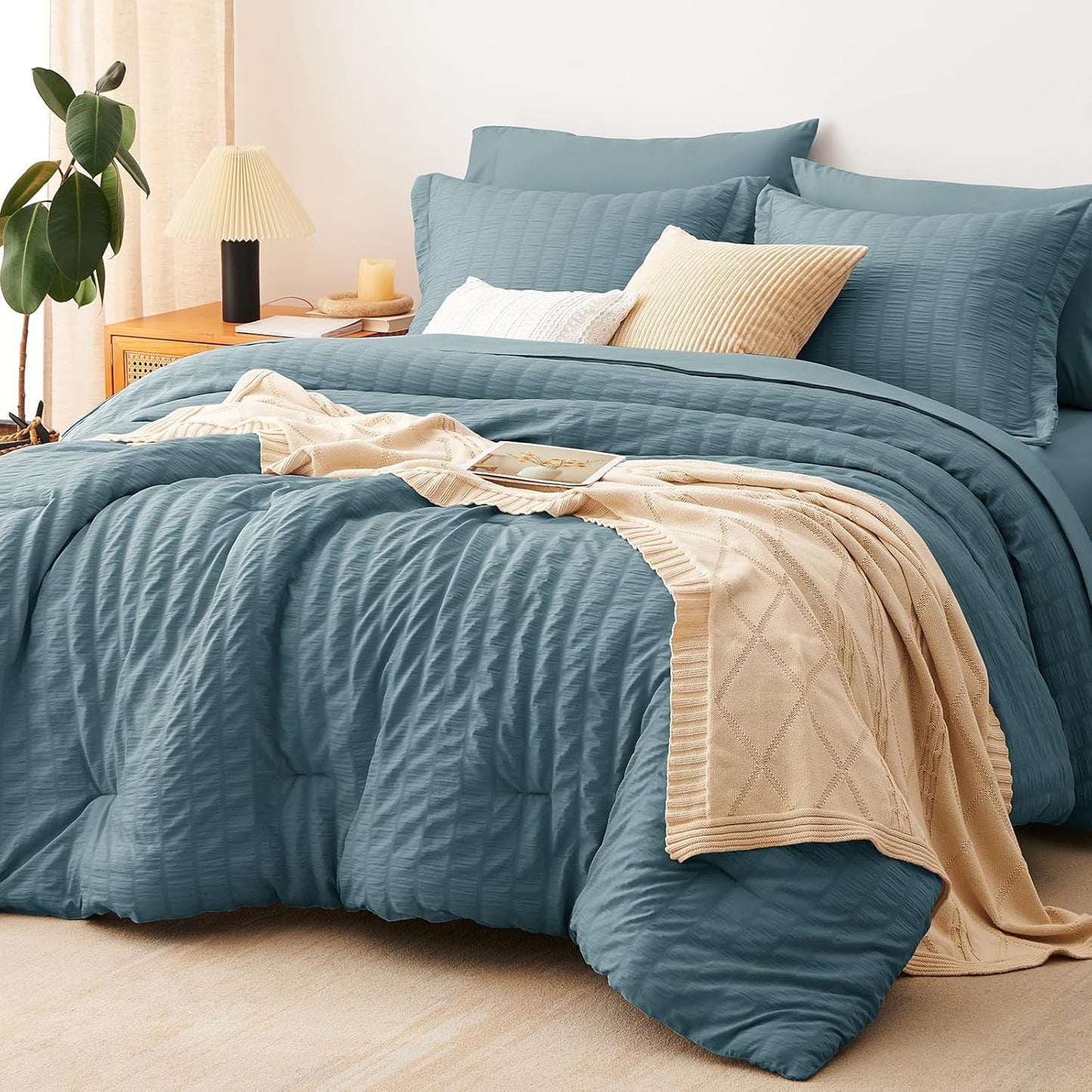 CozyLux Queen Comforter Set White Seersucker 7 Pieces Bed in a Bag Queen Comforter Set with Sheets, Luxury Soft Bedding Set with Down Alternative Comforter, Sheets, Pillowcases & Shams for All Seasons