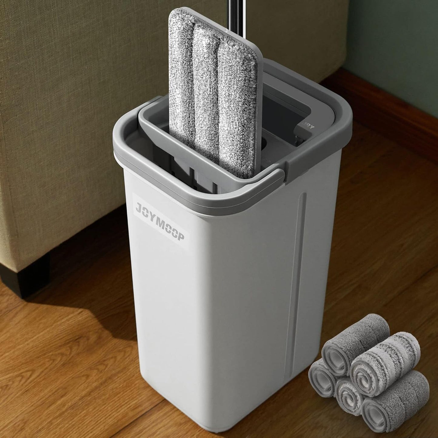 JOYMOOP Mop and Bucket with Wringer Set, Hands Free Flat Floor Mop and Bucket, with 3 Washable Microfiber Pads, Wet and Dry Use, Floor Cleaning System