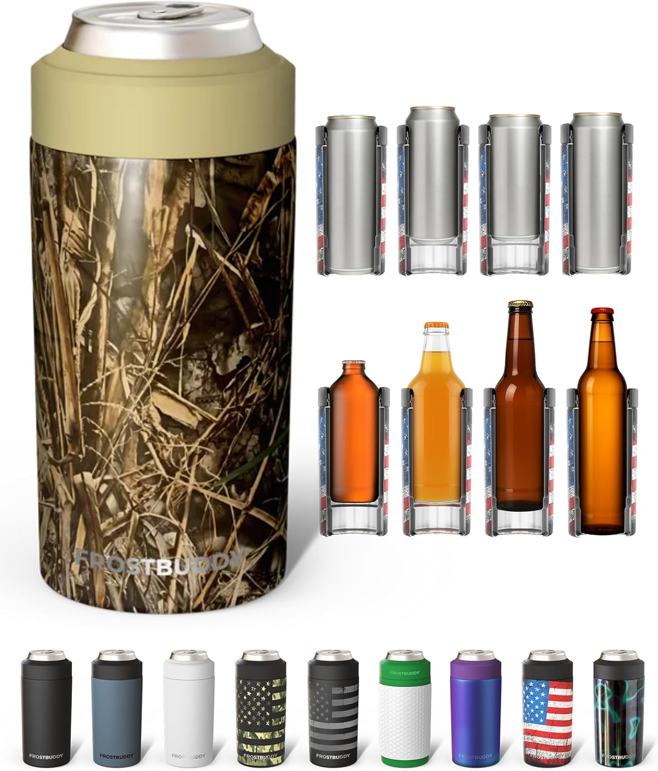 Frost Buddy Universal Can Cooler - Fits All - For Regular 12 & 16 oz or Slim-Size Bottles - Insulated Double-Walled Stainless Steel (MatteBlack)