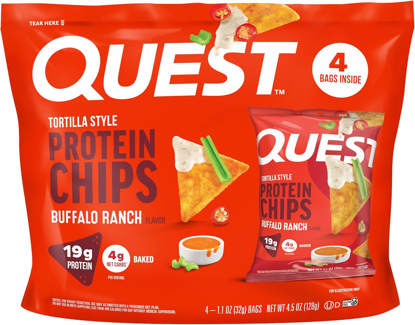 Quest Nutrition Nacho Cheese Tortilla Style Protein Chips, 18g Protein, 4g Net Carb, Low Carb, Gluten Free, 1.1 oz (Pack of 12)