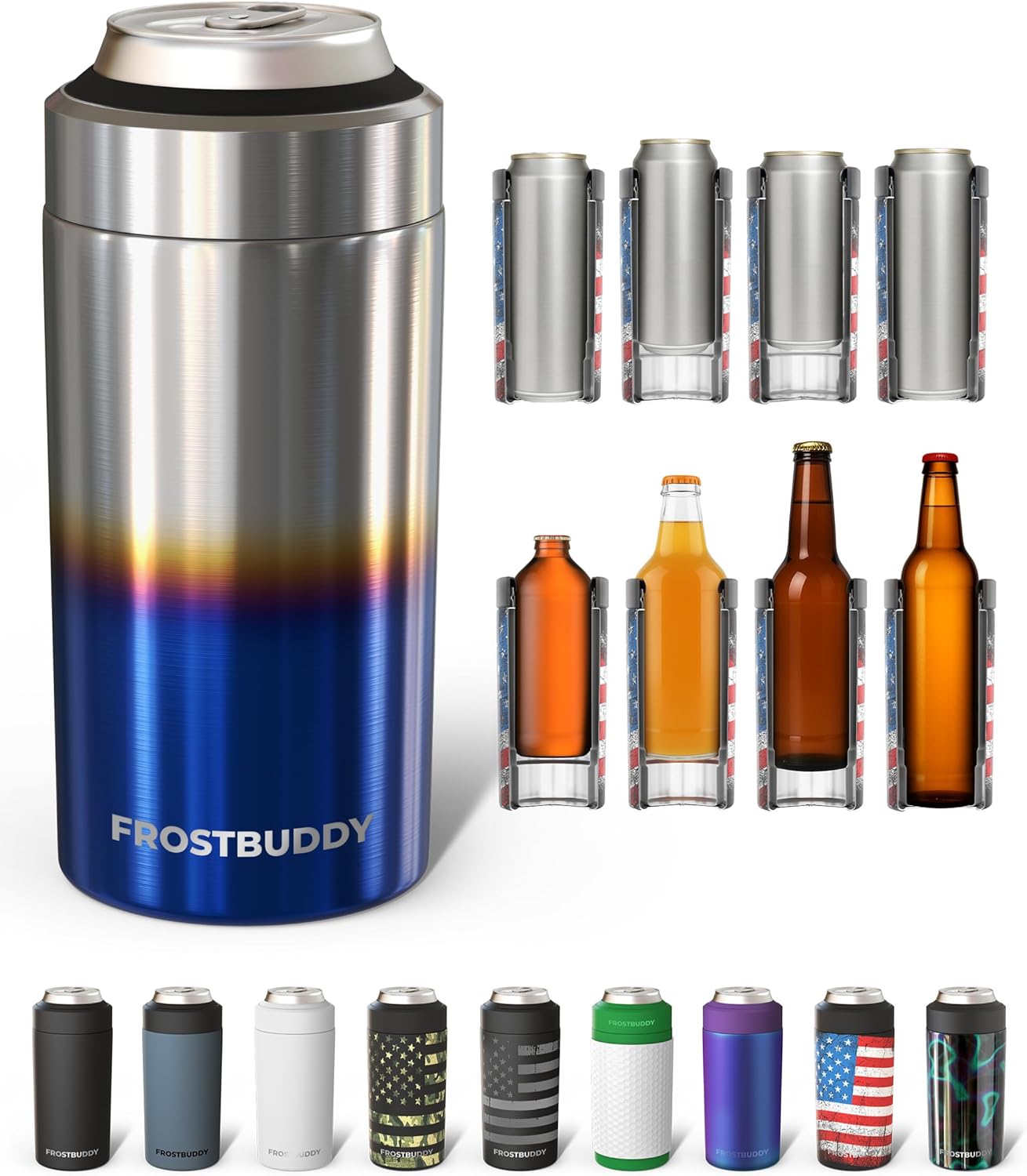 Frost Buddy Universal Can Cooler - Fits All - For Regular 12 & 16 oz or Slim-Size Bottles - Insulated Double-Walled Stainless Steel (MatteBlack)