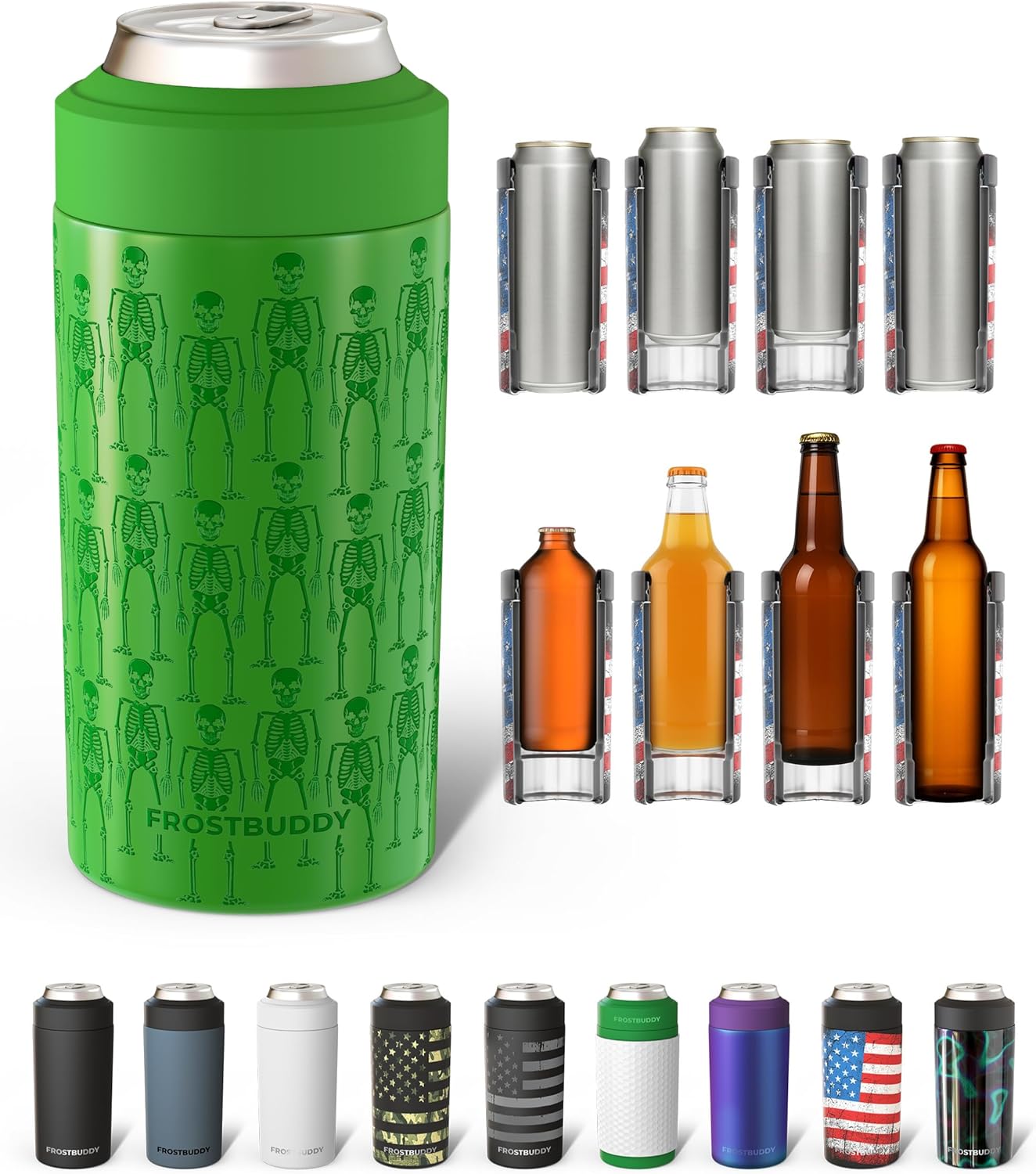 Frost Buddy Universal Can Cooler - Fits All - For Regular 12 & 16 oz or Slim-Size Bottles - Insulated Double-Walled Stainless Steel (MatteBlack)