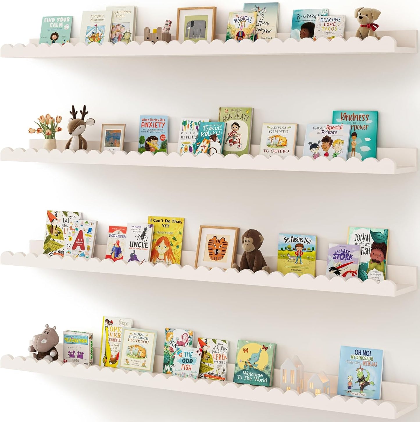Shario Nursery Book Shelves, 4-Pack White Floating Shelves for Wall Kids, Scalloped Shelves, Wall Book Shelves for Bedroom Kids, Toddler Room, Baby Room, Nursery Decor