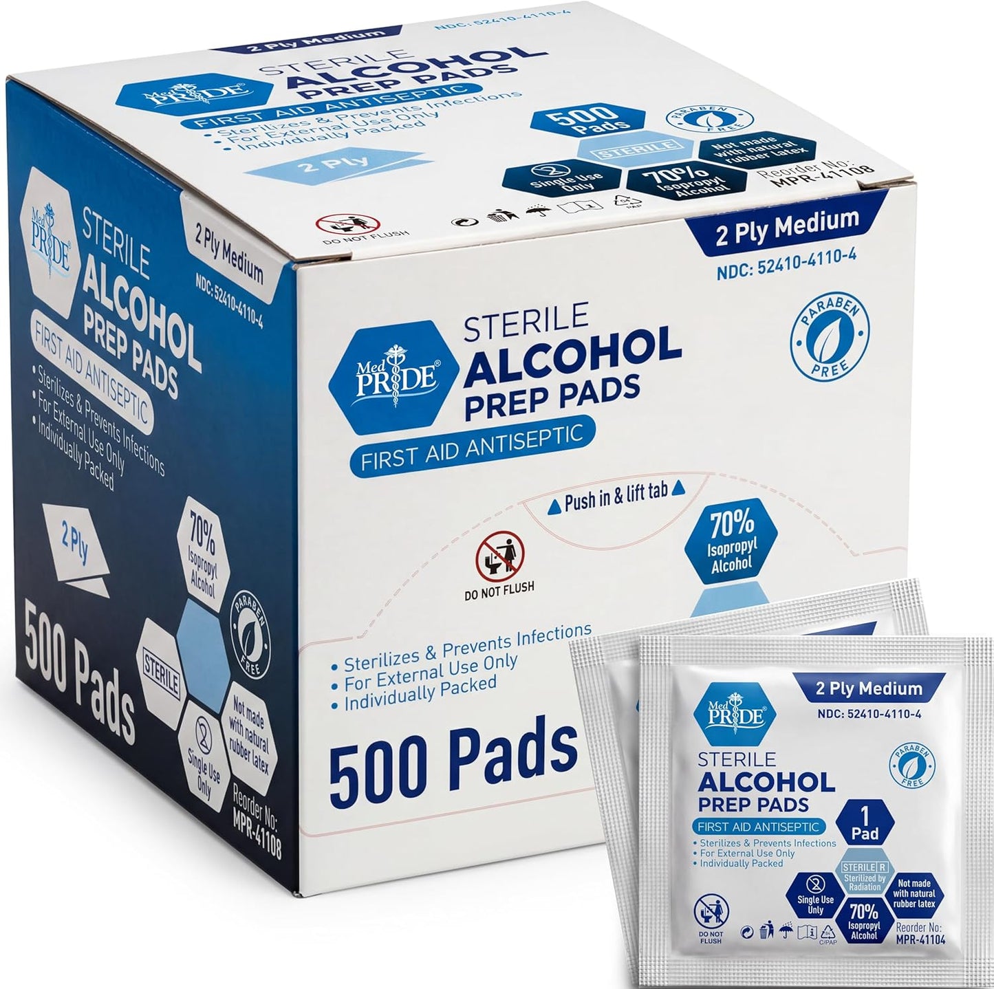 MED PRIDE Sterile Alcohol Prep Pads, Antiseptic, 70% Isopropyl, Individually Wrapped, Medical Grade 2 Ply Wipes (200 Count (Pack of 1) White)
