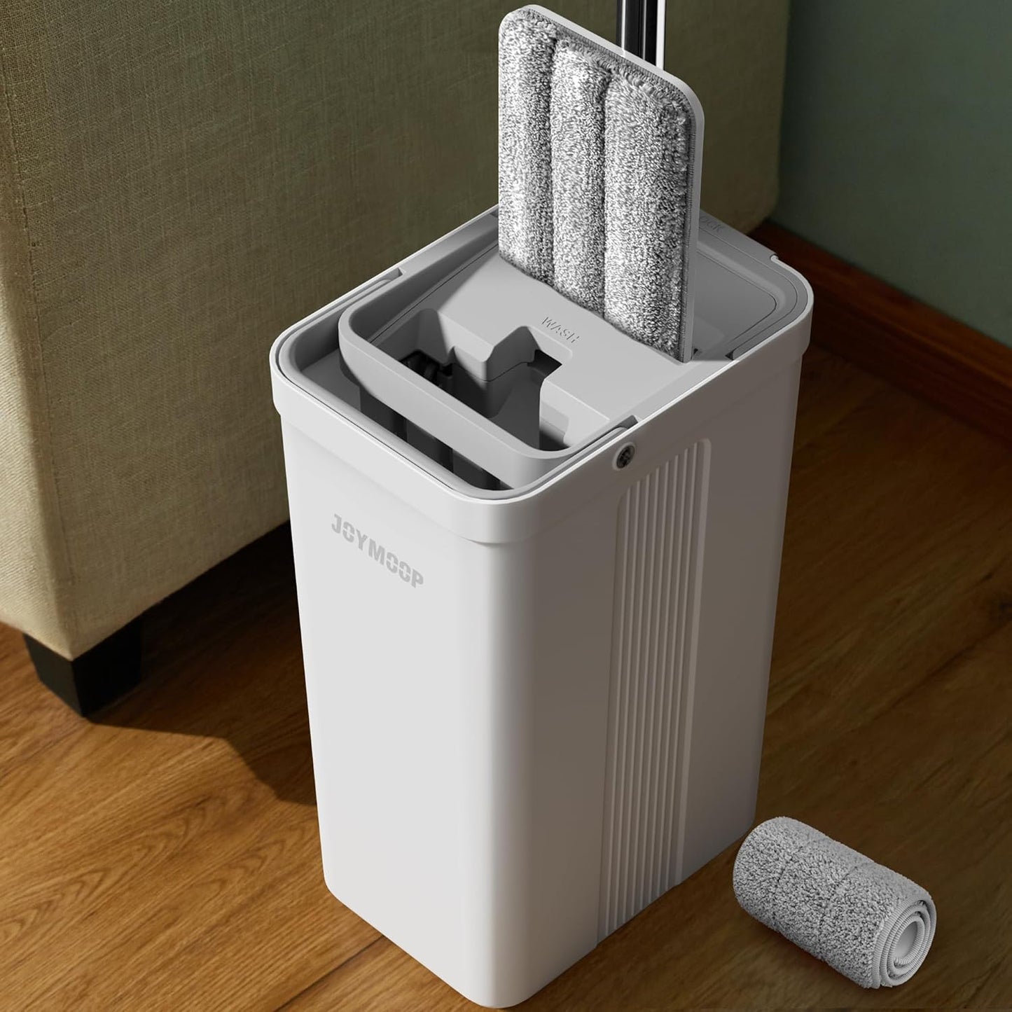 JOYMOOP Mop and Bucket with Wringer Set, Hands Free Flat Floor Mop and Bucket, with 3 Washable Microfiber Pads, Wet and Dry Use, Floor Cleaning System