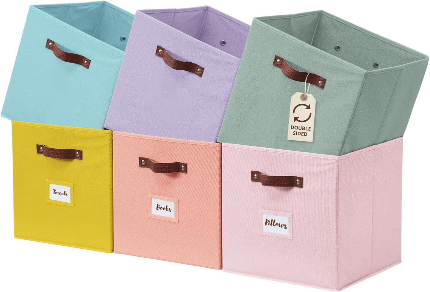 DECOMOMO Storage Bins, Cube Storage Bin with Labels, Fabric Storage Cubes for Shelves (10.5" x 11" / 6pcs, Beige)