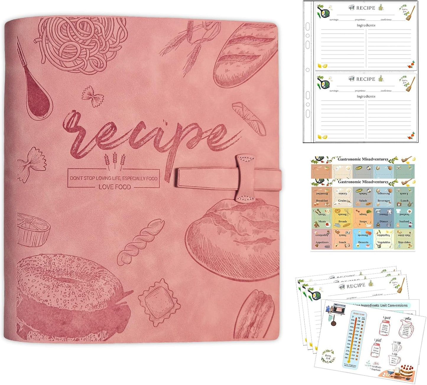 Recipe Binder, Recipe Book Binder with Plastic Sleeves, Blank Recipe Card Book to Write in Your Own Recipes (4" x 6" Recipe Cards & Category Tab) (Light Brown)