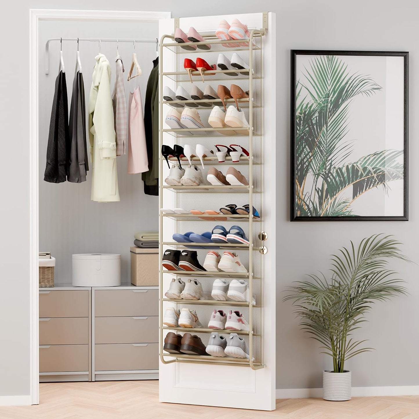 Whitmor 36 Pair Over The Door Shoe Organizer, 12 Tier Hanging Shoe Organizer, Heavy Duty Metal & Mesh Shoe Holder, Hanging Shoe Rack for Closet Organizer & Storage, 69"L x 21.7"W x 7.5"H, White