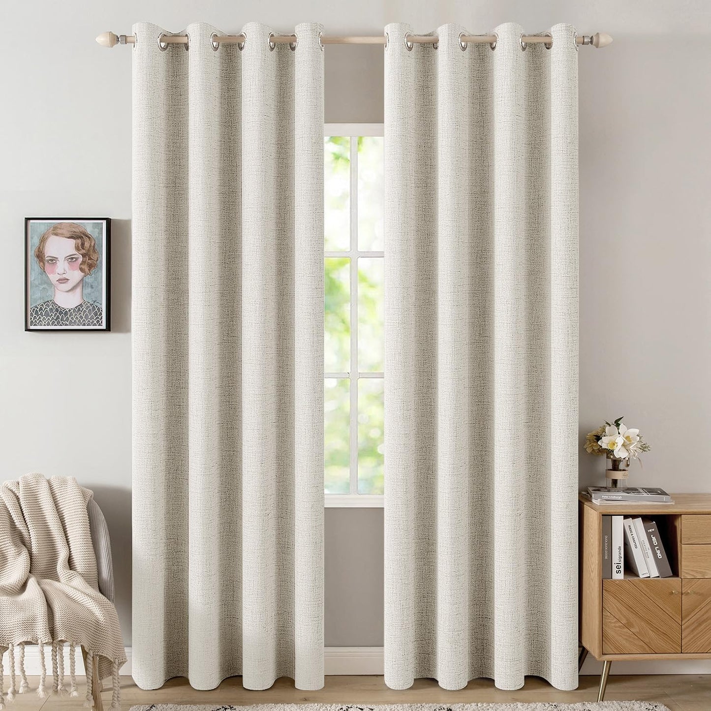 MIULEE 100% Blackout Linen Textured Curtains for Bedroom Solid Thermal Insulated Natural Beige Grommet Room Darkening Curtains & Drapes Luxury Decor for Living Room Nursery 52 x 84 Inch (2 Panels)