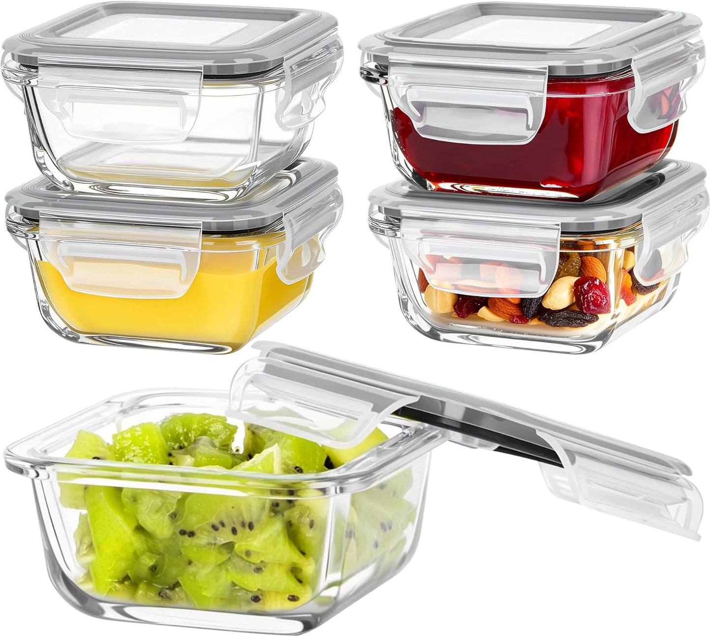 Vtopmart 5Pack 22oz Glass Storage Containers with Lids, Glass Meal Prep Food Container Sets with Snap Airtight Lids for Microwave, Oven, Freezer and Dishwasher, Grey