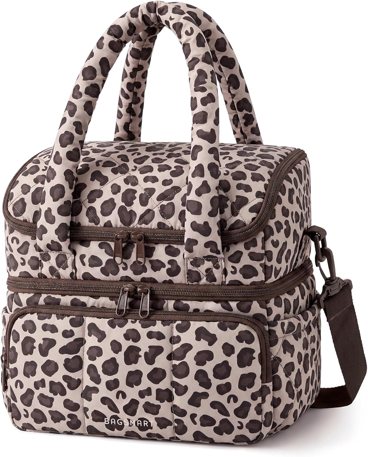BAGSMART Lunch Bag Women, Double Deck Insulated Lunch Box, Quilted Puffer Lunch Tote, Leakproof, Durable & Reusable Large Lunch Cooler For Work Picnic Travel Meal Prep, Camel