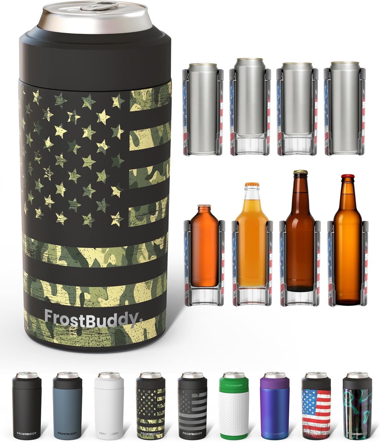 Frost Buddy Universal Can Cooler - Fits All - For Regular 12 & 16 oz or Slim-Size Bottles - Insulated Double-Walled Stainless Steel (MatteBlack)