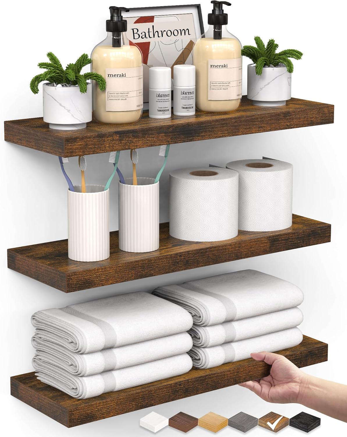 BAYKA Floating Shelves for Wall, Wall Mounted Rustic Wood Shelves for Bathroom, Bedroom, Living Room, Kitchen, Hanging Shelf for Books/Storage/Room Decor with 22lbs Capacity (Black, Set of 3, 15.7in)