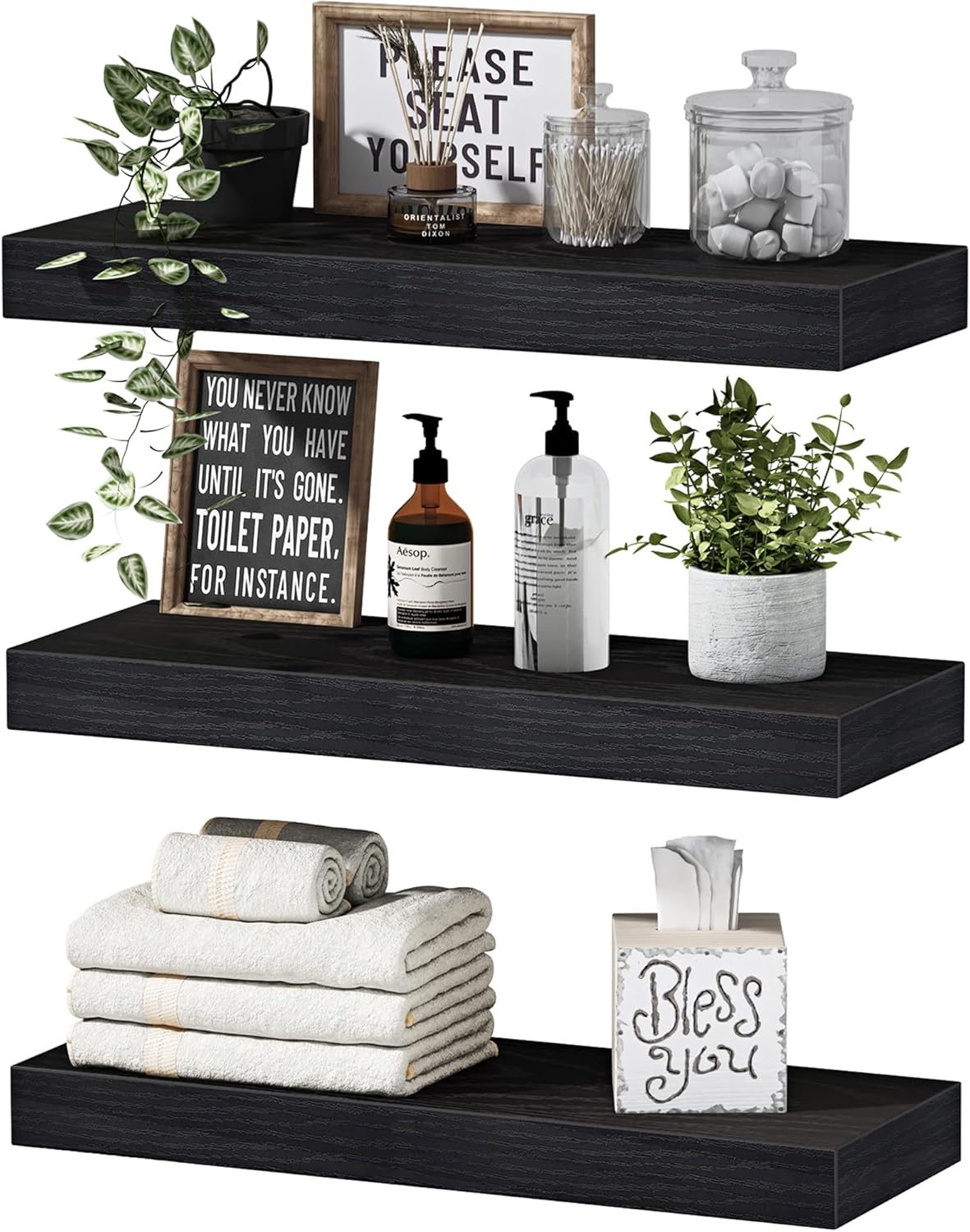 QEEIG Floating Shelves for Wall Bathroom Shelf Bedroom Kitchen Living Room Hanging Book Shelves Small Farmhouse Decor 16 inch Set of 3, Rustic Brown (015-BN3)