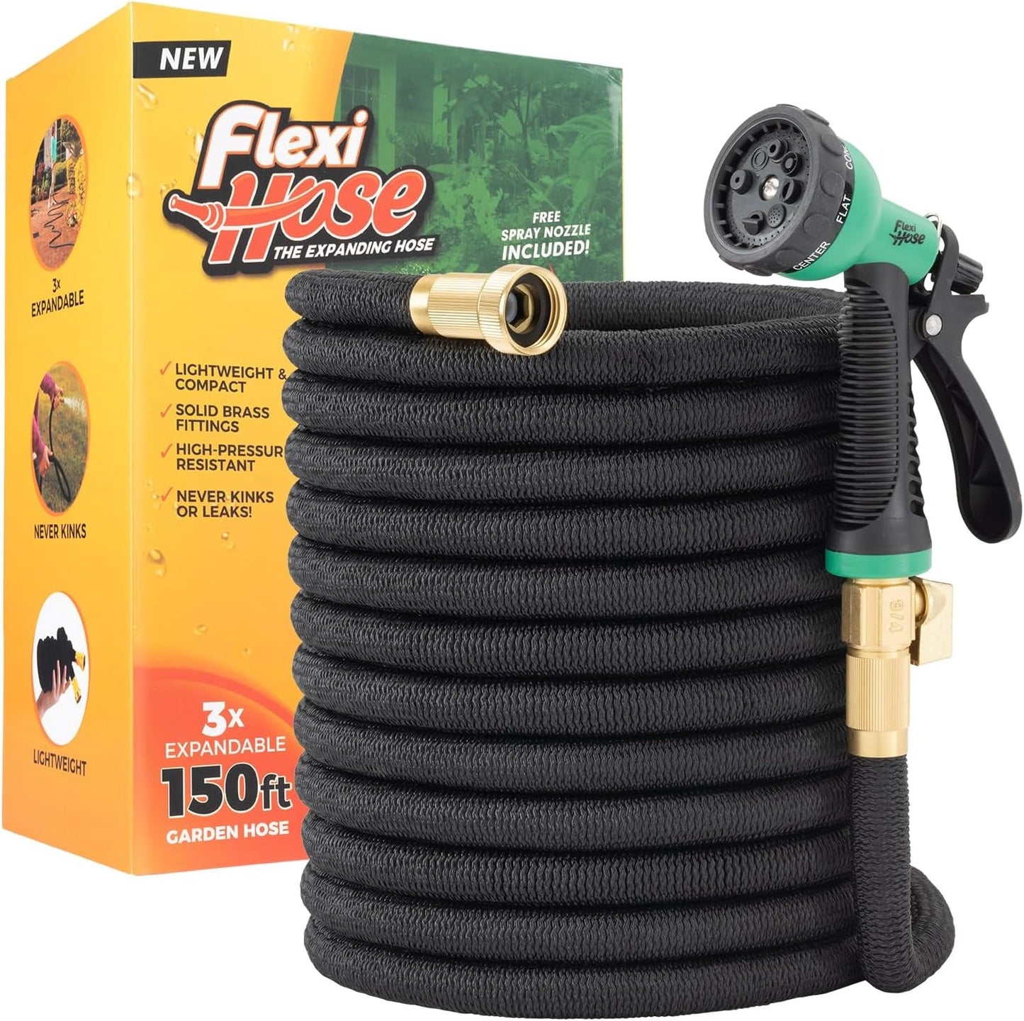 Flexi Hose Expandable Garden Hose with 8 Function Nozzle, 50FT - Lightweight Retractable Garden Hose, Water Hose - No-Kink Flexibility, 3/4 Inch Solid Brass Fittings and Double Latex Core