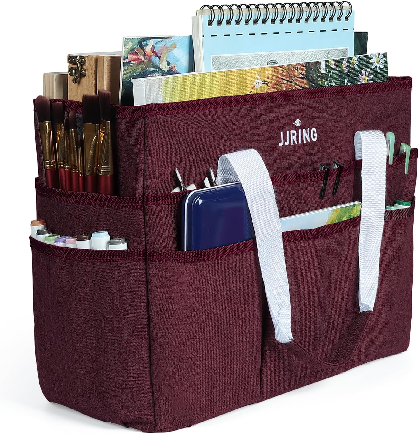 JJRING Craft Organizer Tote Bag, Large Art Storage Caddy with Multiple Pockets, Bluish Green Sewing Bag for Art, Craft, Scrapbooking, School, Medical, and Office Supplies Storage