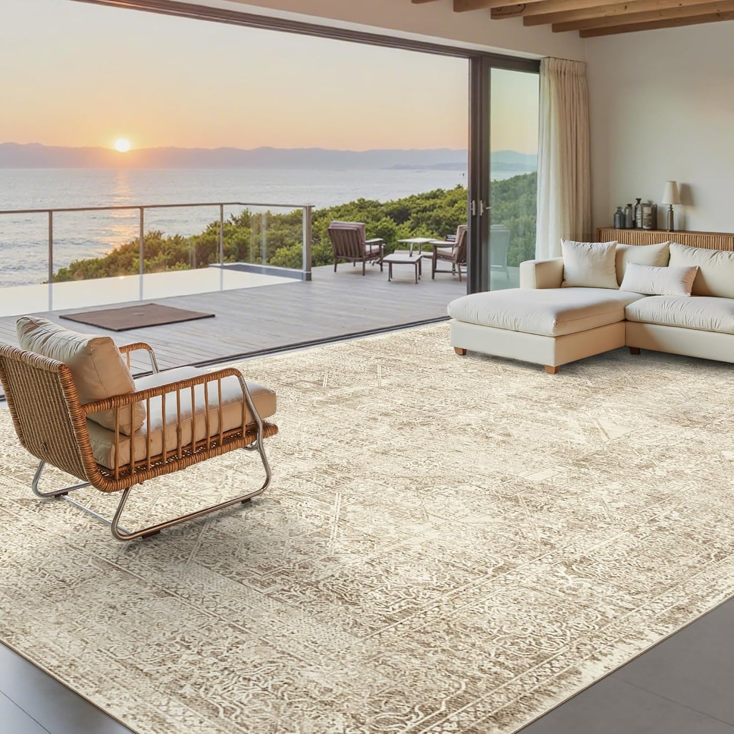 Washable Area Rug 8x10, Large Soft Rugs for Living Room Vintage Beige Carpet 8x10 Area Rugs for Bedroom Dining Room Non-Slip Stain Resistant Under Table Rug