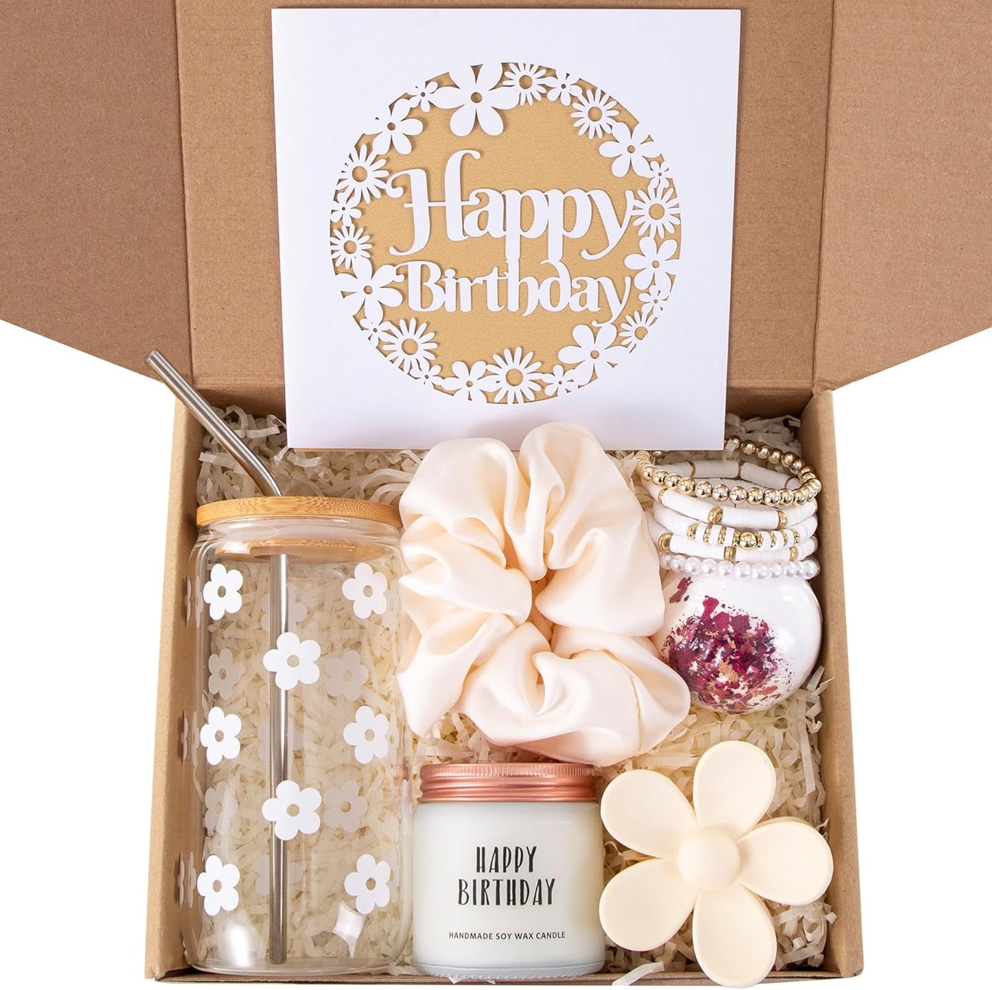 JTEWB Birthday Gifts For Women, Teen Girl, Her, Happy Birthday Gift Box For Girl, Women, Sister, Daughter, Friends, Cute Daisy Aesthetic Glass Cups Gift Set 7pcs