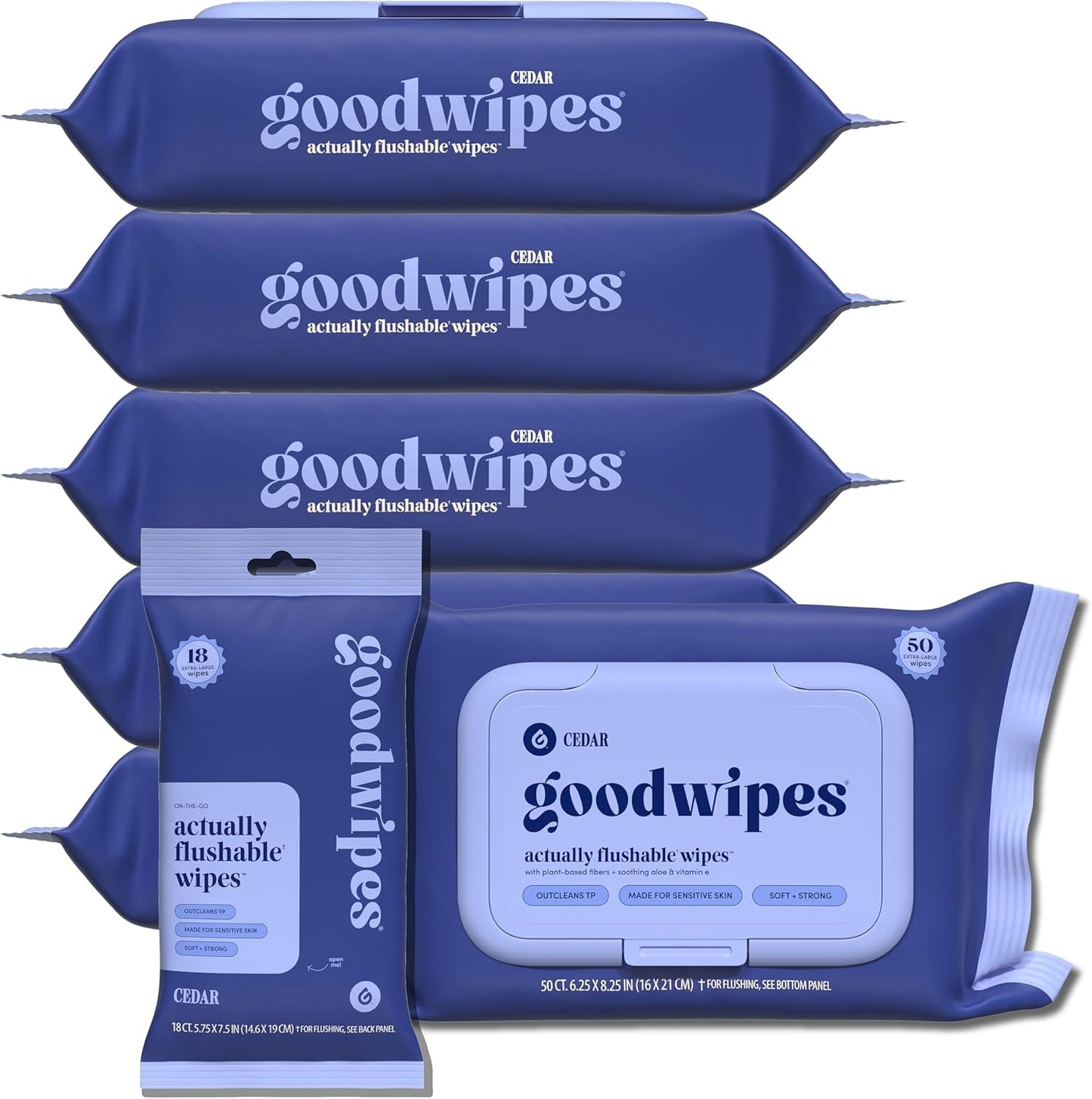 goodwipes Flushable Butt Wipes - Vitamin E & Aloe - Sewer & Septic Safe - Extra Large Adult Wet Wipes For Women & Men - Bathroom Essentials - Rosewater, 318 Count (6 Packs + 1 Travel)