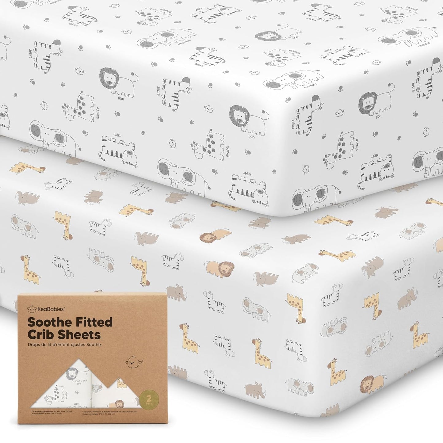KeaBabies 2-Pack Organic Crib Sheets for Boys, Girls - 52x28 Fitted Crib Mattress Sheet Neutral, Breathable Jersey Cotton Cover for Baby Bed, Toddler Mattress, Soft & Cute Prints (Soft White)
