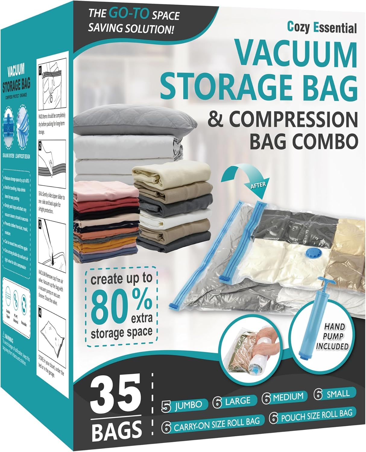Cozy Essential Vacuum Storage Bags, 80% Compression Vacuum Seal Space Saver Plastic Packaging Bags for Clothes, Blankets, Pillow, Bedding, Comforters, Sealer Clothing Storage,20 Combo