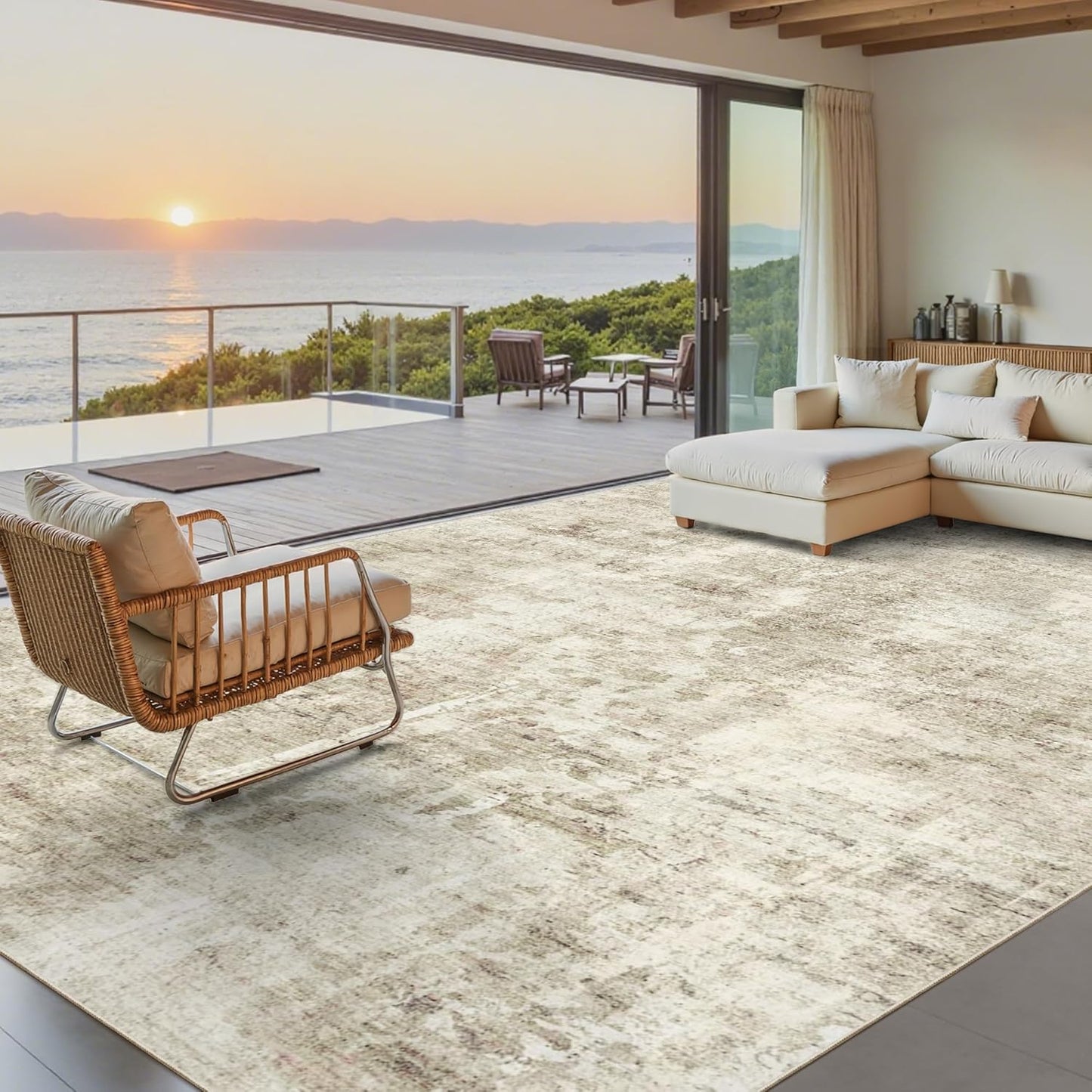 Washable Area Rug 8x10, Large Soft Rugs for Living Room Vintage Beige Carpet 8x10 Area Rugs for Bedroom Dining Room Non-Slip Stain Resistant Under Table Rug