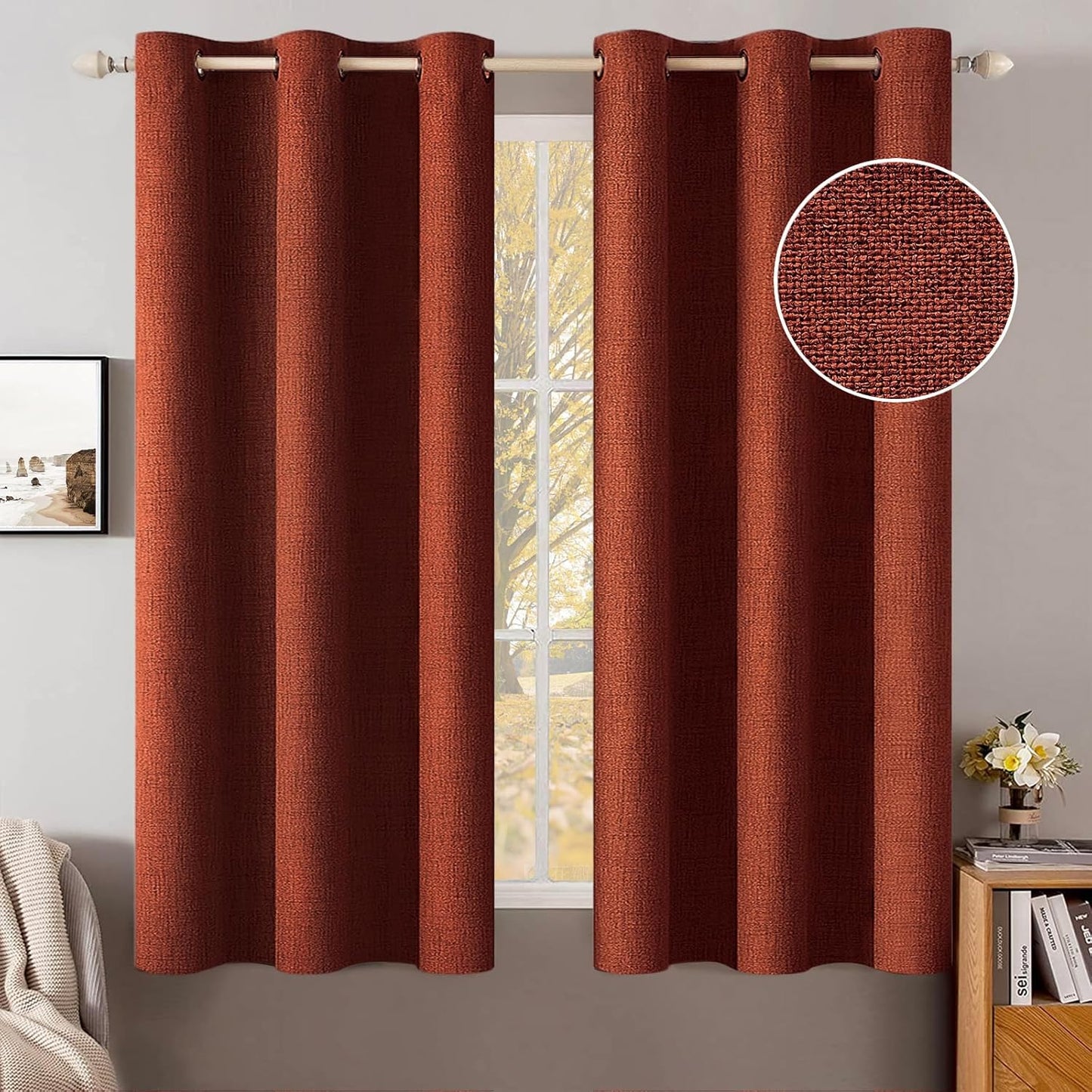MIULEE 100% Blackout Linen Textured Curtains for Bedroom Solid Thermal Insulated Natural Beige Grommet Room Darkening Curtains & Drapes Luxury Decor for Living Room Nursery 52 x 84 Inch (2 Panels)