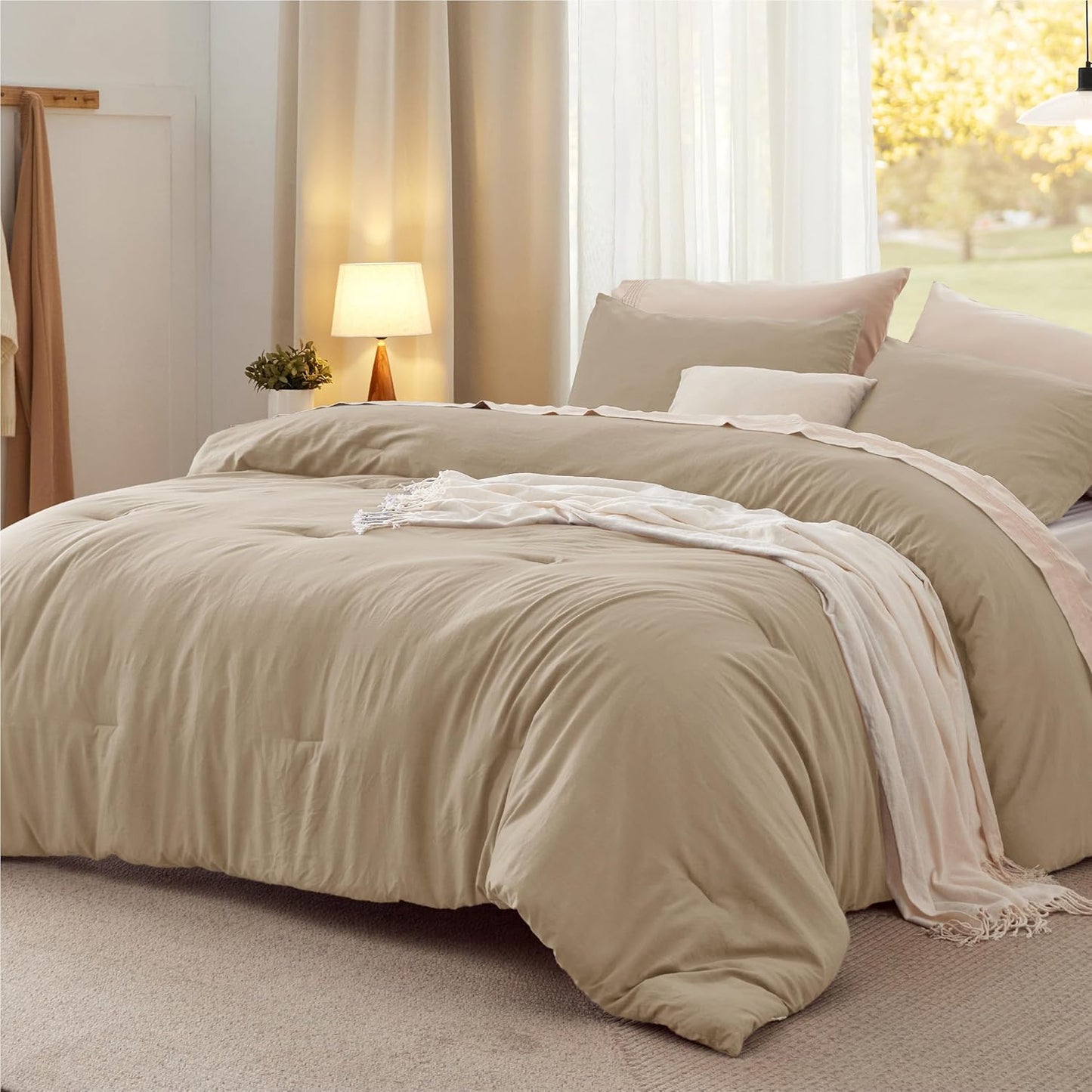 Bedsure King Comforter Set, Beige Soft Prewashed Bedding for All Seasons, 3 Pieces GentleSoft™ Bed Set, 1 Lightweight Comforter (104"x90") and 2 Pillowcases (20"x36")
