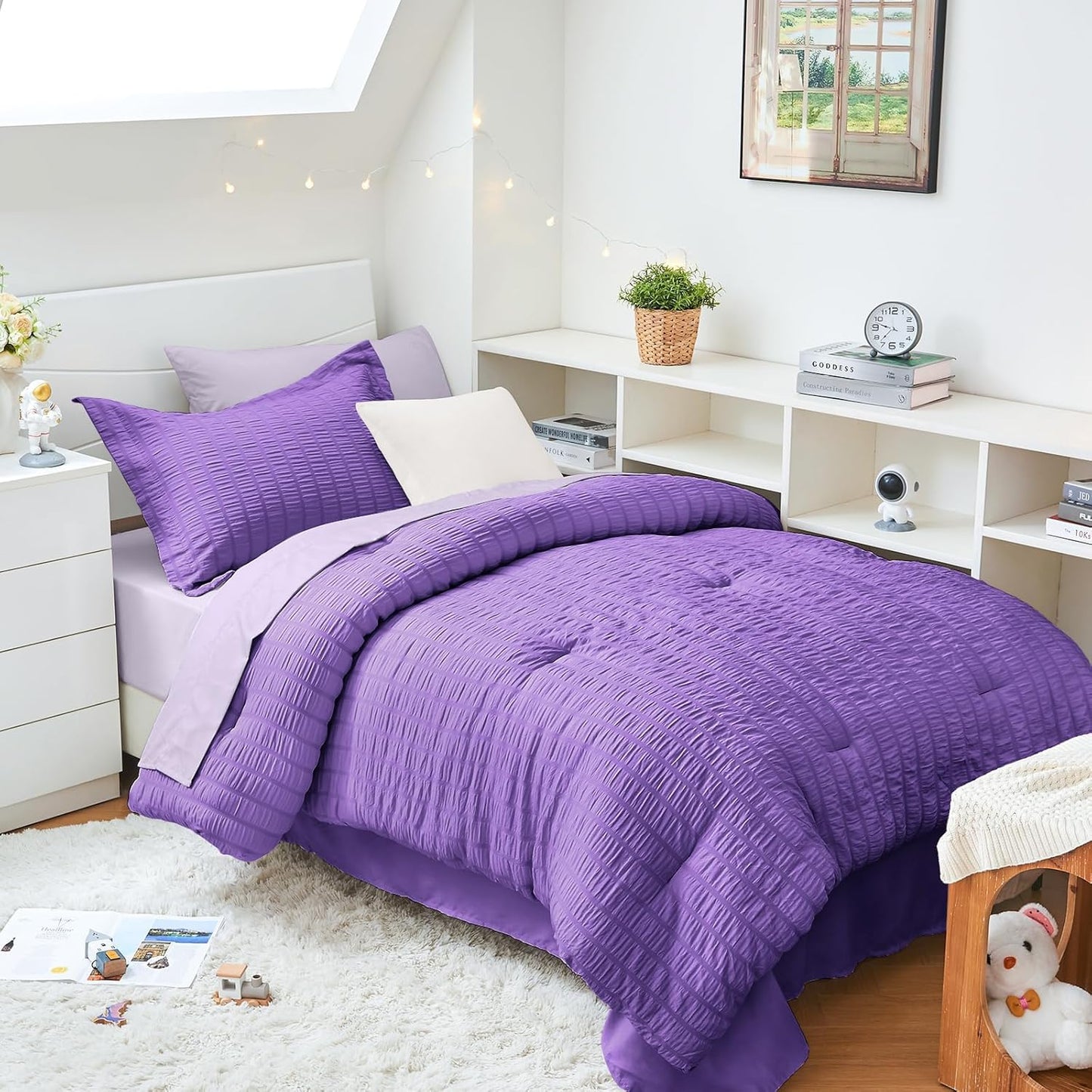 HYMOKEGE Queen Comforter Set Seersucker 7 Pieces, All Season Luxury Bed in a Bag for Bedroom, Bedding Set with Comforters, Sheets, Pillowcases & Shams, Dark Grey