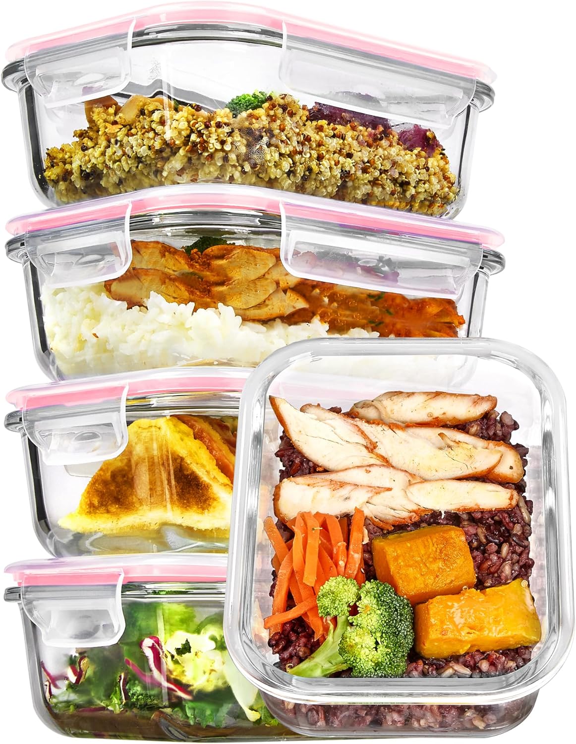 Vtopmart 5Pack 22oz Glass Storage Containers with Lids, Glass Meal Prep Food Container Sets with Snap Airtight Lids for Microwave, Oven, Freezer and Dishwasher, Grey