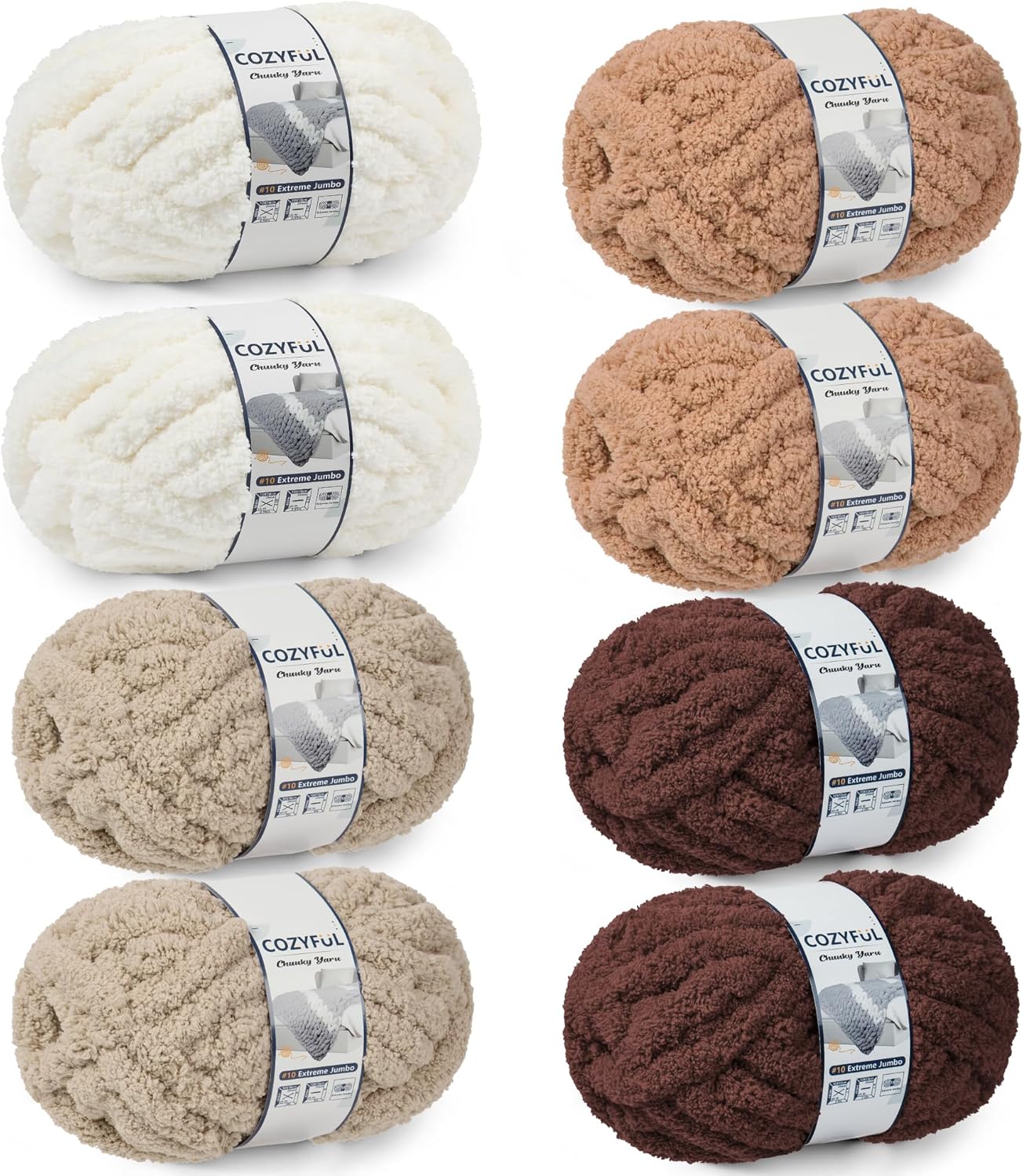 Chunky Yarn for Hand Knitting - #10 Chunky Chenille Yarn, Jumbo Big Thick Chunky Yarns for Crocheting, Super Bulky Chunky Knit Blanket Yarns, 8 Skein (25 yds 8 oz Each Skein), Cream
