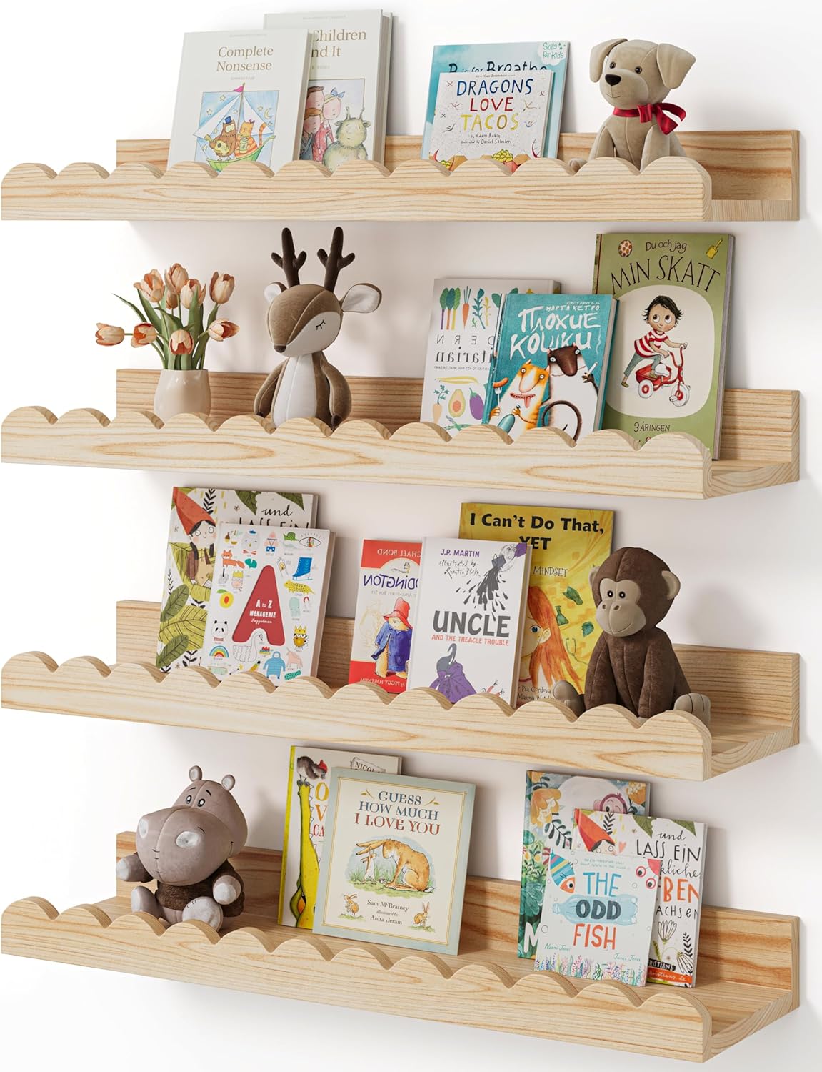 Shario Nursery Book Shelves, 4-Pack White Floating Shelves for Wall Kids, Scalloped Shelves, Wall Book Shelves for Bedroom Kids, Toddler Room, Baby Room, Nursery Decor