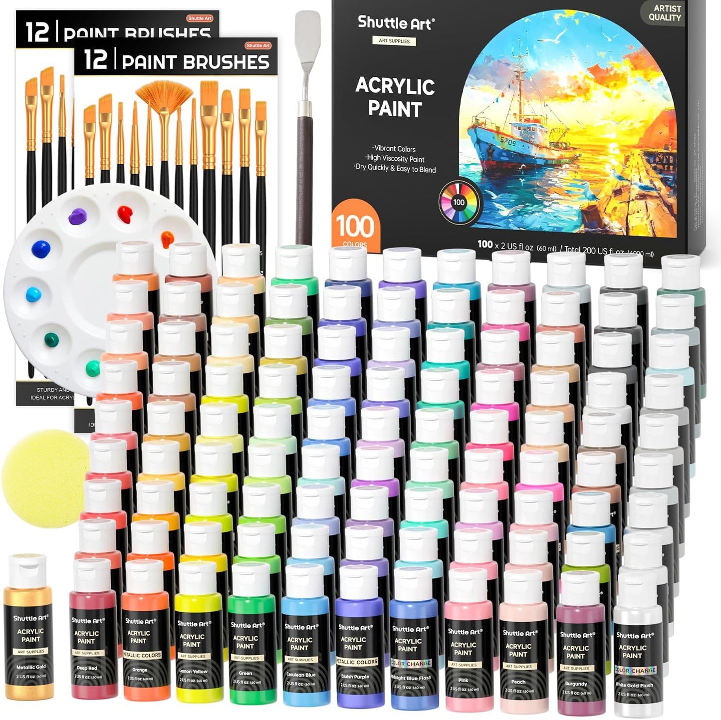 Shuttle Art Acrylic Paint, 50 Colors Acrylic Paint Set, 2oz/60ml Bottles, Rich Pigments, Water Proof, Premium for Artists, Beginners and Kids on Canvas Rocks Wood Ceramic Fabric