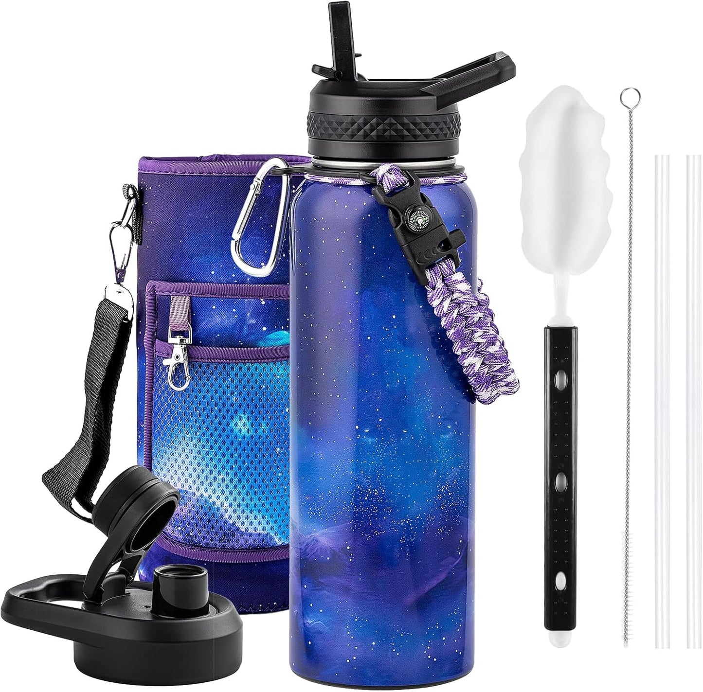 One Gallon Water Bottle Insulated, Triple Walled Vacuum Stainless Steel (Cold for 48 Hrs), Leak Proof & Non-BPA, Large Water Flask Jug with Paracord Handle & Straw Spout Lids