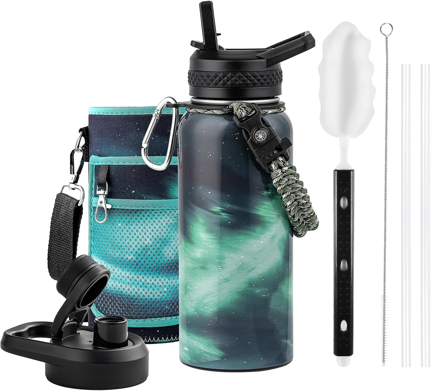 One Gallon Water Bottle Insulated, Triple Walled Vacuum Stainless Steel (Cold for 48 Hrs), Leak Proof & Non-BPA, Large Water Flask Jug with Paracord Handle & Straw Spout Lids