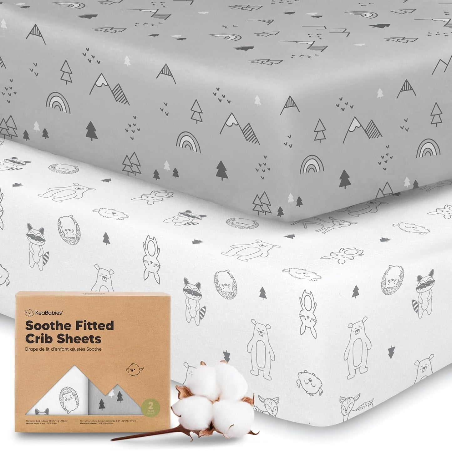 KeaBabies 2-Pack Organic Crib Sheets for Boys, Girls - 52x28 Fitted Crib Mattress Sheet Neutral, Breathable Jersey Cotton Cover for Baby Bed, Toddler Mattress, Soft & Cute Prints (Soft White)