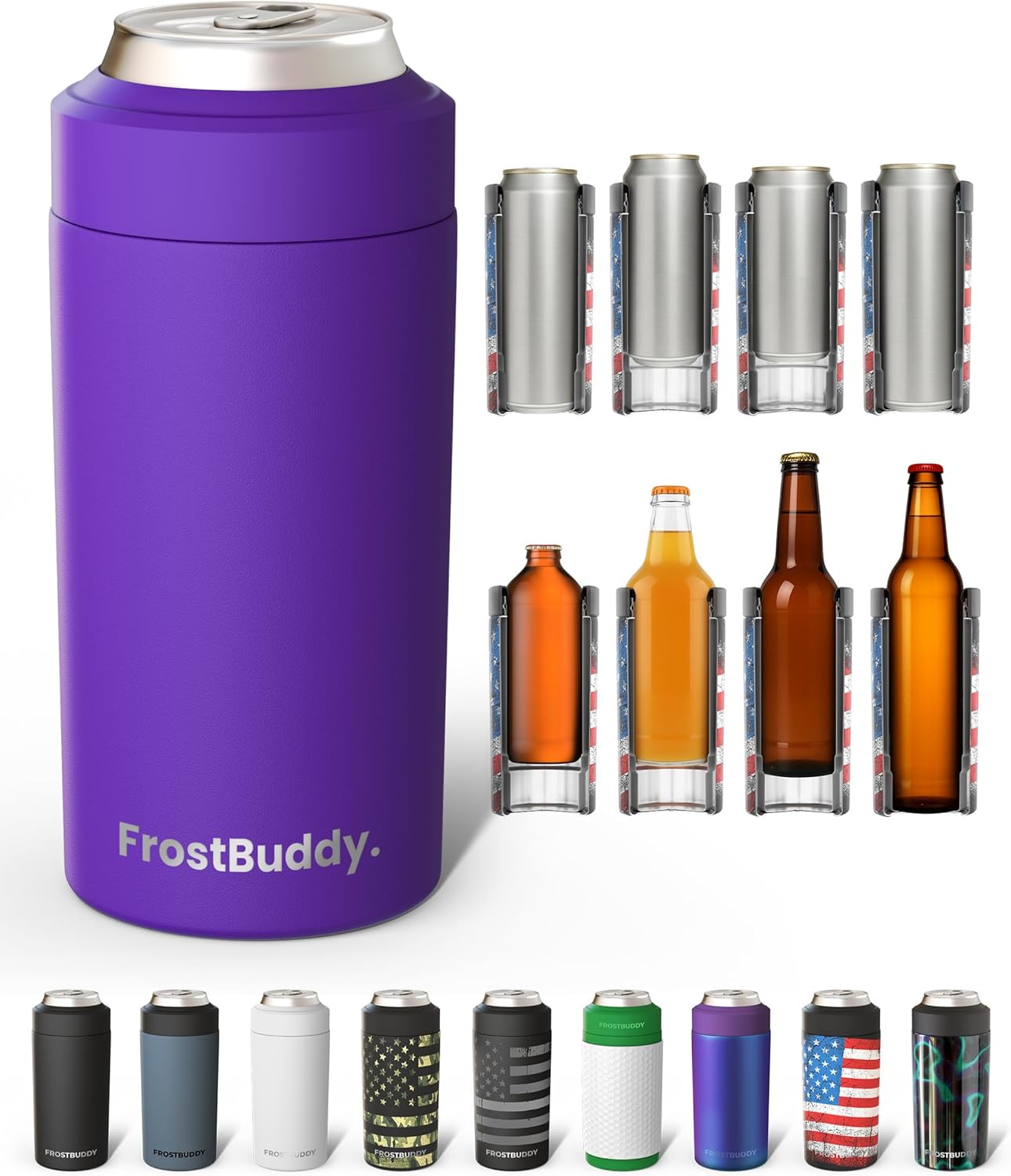 Frost Buddy Universal Can Cooler - Fits All - For Regular 12 & 16 oz or Slim-Size Bottles - Insulated Double-Walled Stainless Steel (MatteBlack)