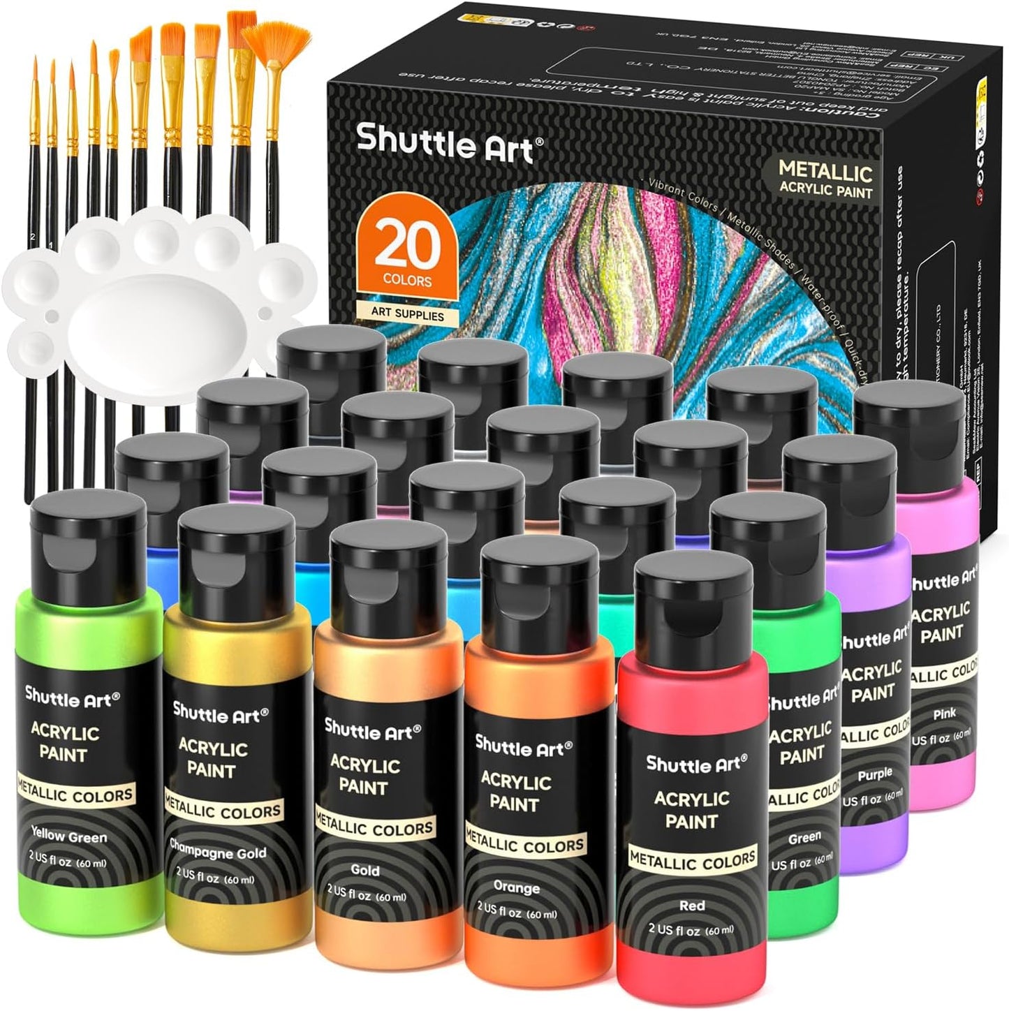 Shuttle Art Acrylic Paint, 50 Colors Acrylic Paint Set, 2oz/60ml Bottles, Rich Pigments, Water Proof, Premium for Artists, Beginners and Kids on Canvas Rocks Wood Ceramic Fabric