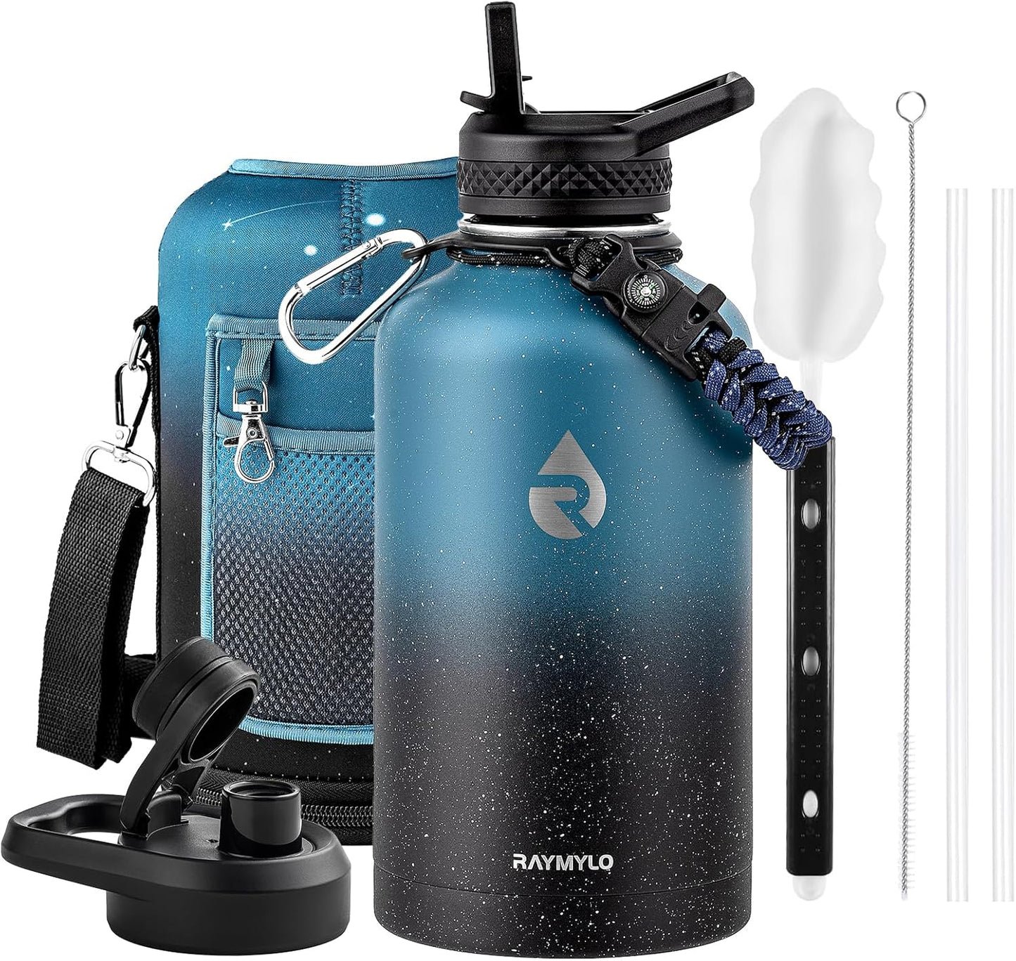 One Gallon Water Bottle Insulated, Triple Walled Vacuum Stainless Steel (Cold for 48 Hrs), Leak Proof & Non-BPA, Large Water Flask Jug with Paracord Handle & Straw Spout Lids