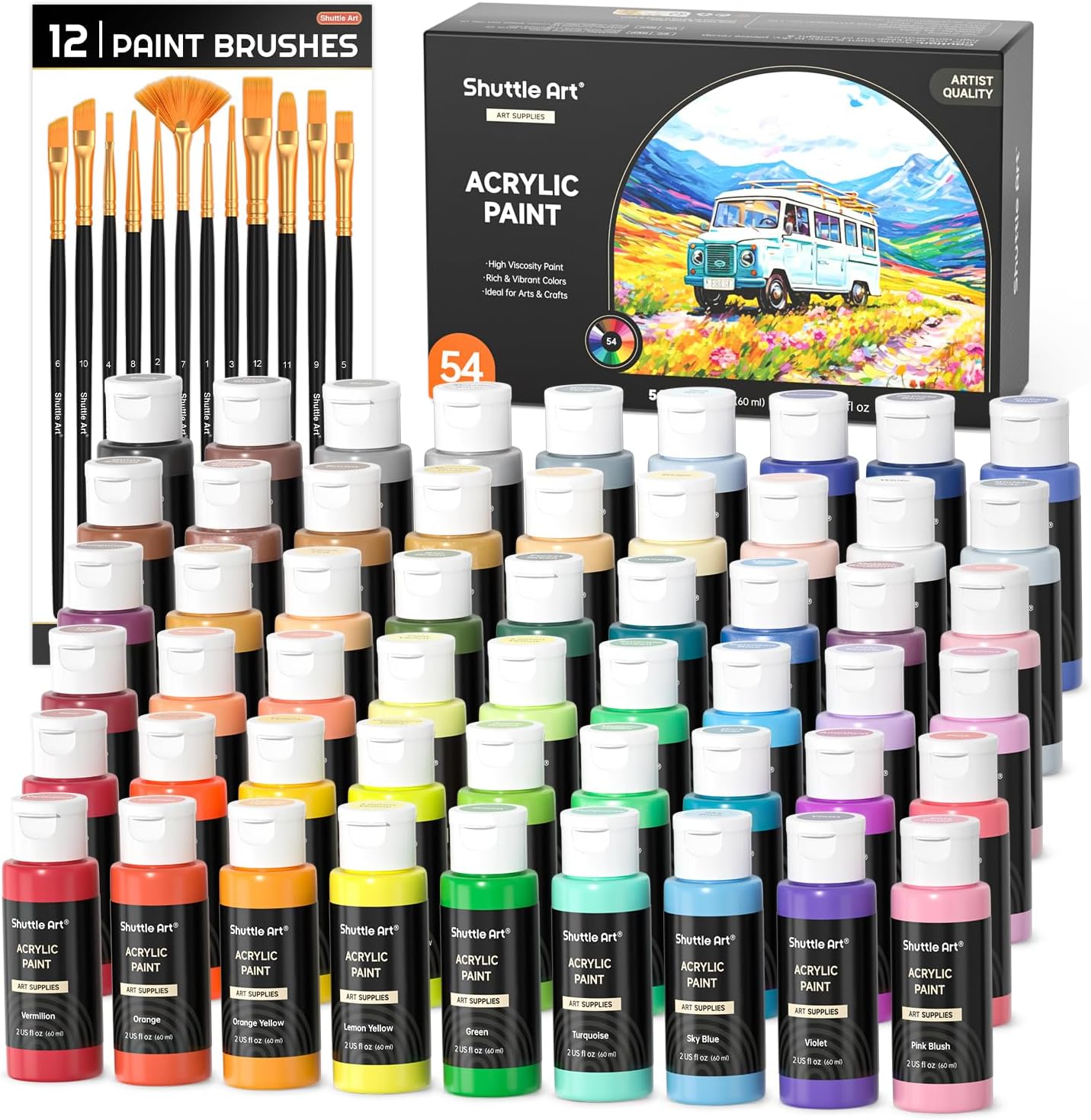 Shuttle Art Acrylic Paint, 36 Colors Acrylic Paint Set with Brushes & Palette, 2oz/60ml Bottles, Rich Pigments Non-toxic for Artists Kids & Adults, Painting on Canvas Rocks Ceramic Wood