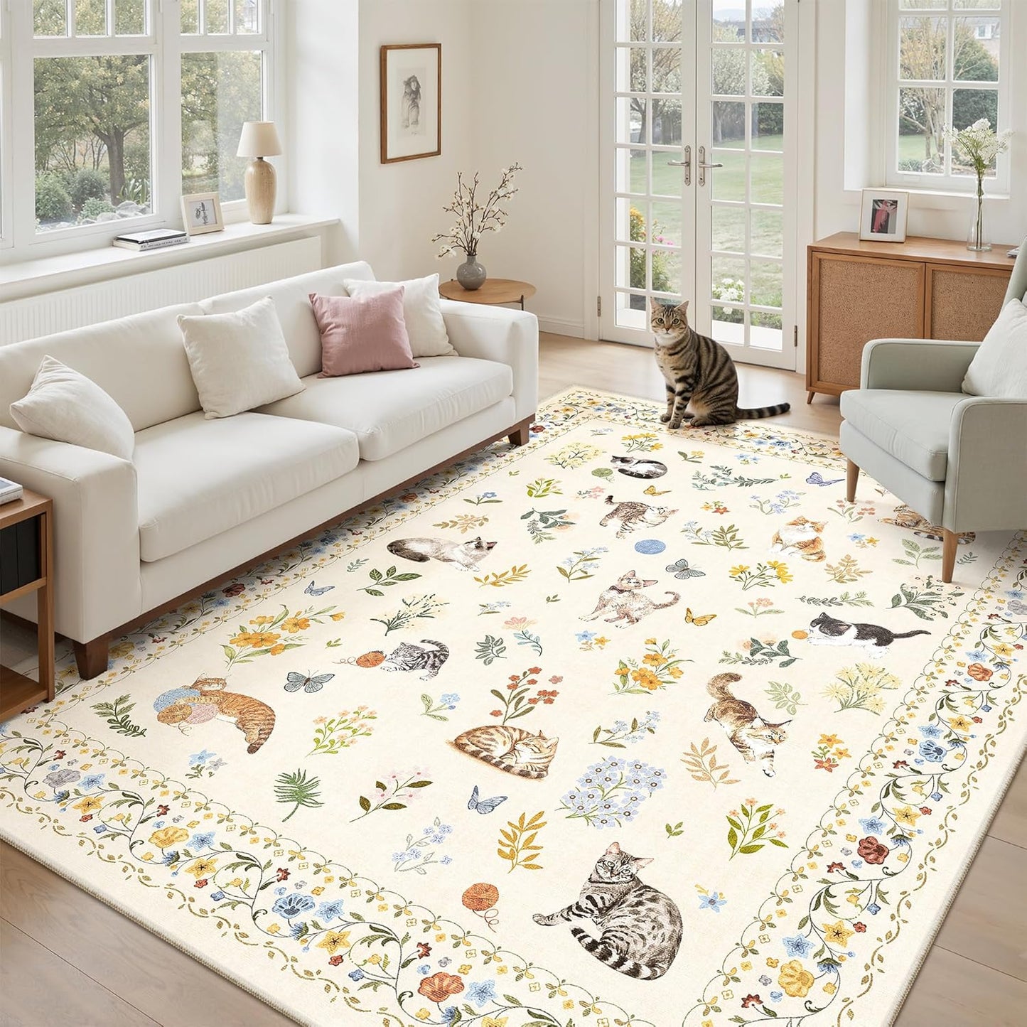 Washable Area Rug 8x10, Large Soft Rugs for Living Room Vintage Beige Carpet 8x10 Area Rugs for Bedroom Dining Room Non-Slip Stain Resistant Under Table Rug