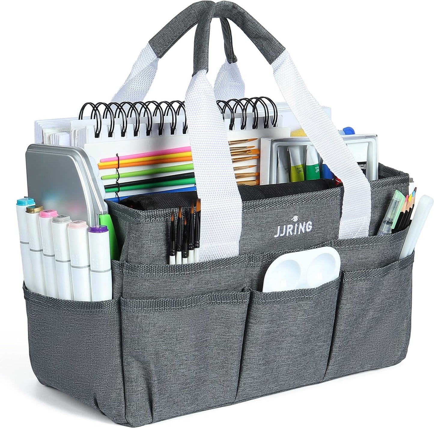 JJRING Craft Organizer Tote Bag, Large Art Storage Caddy with Multiple Pockets, Bluish Green Sewing Bag for Art, Craft, Scrapbooking, School, Medical, and Office Supplies Storage