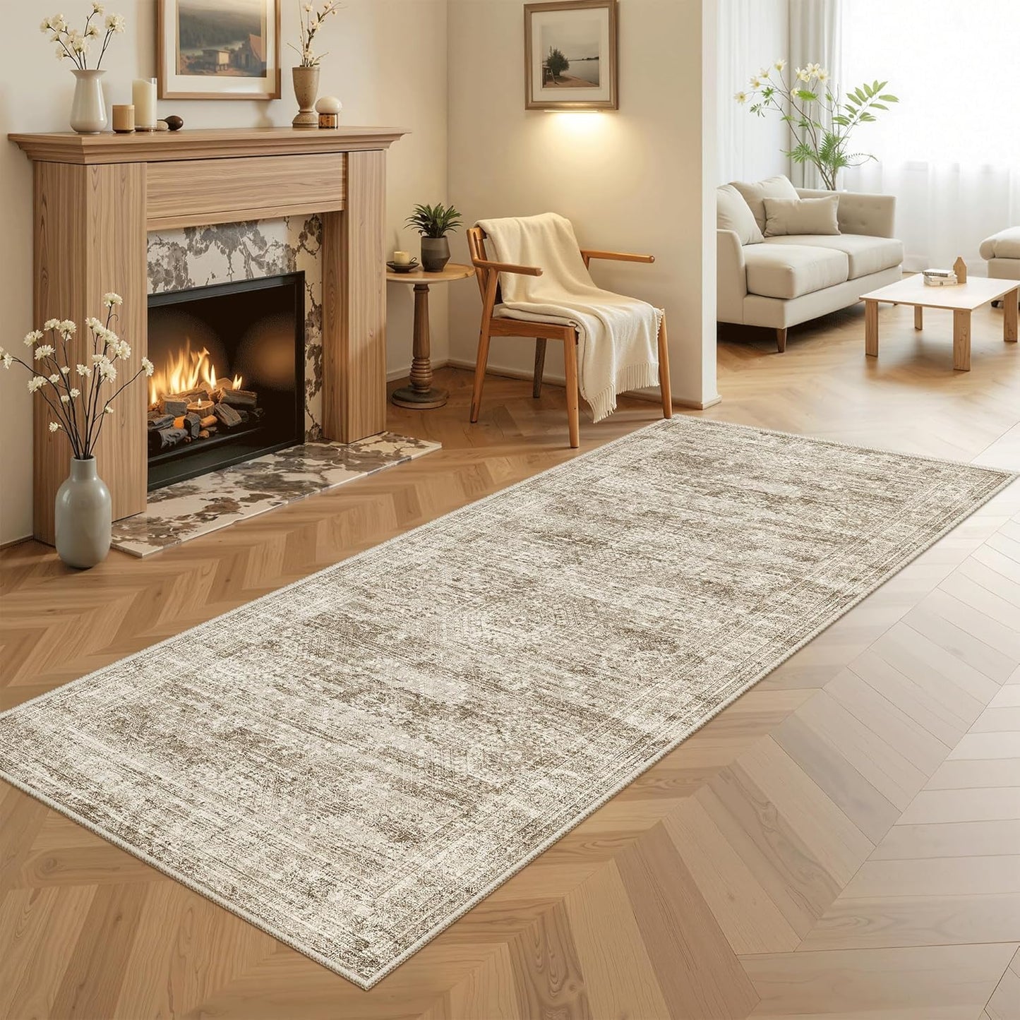 Washable Area Rug 8x10, Large Soft Rugs for Living Room Vintage Beige Carpet 8x10 Area Rugs for Bedroom Dining Room Non-Slip Stain Resistant Under Table Rug