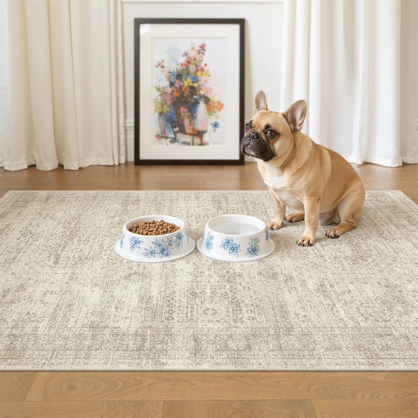 Washable Area Rug 8x10, Large Soft Rugs for Living Room Vintage Beige Carpet 8x10 Area Rugs for Bedroom Dining Room Non-Slip Stain Resistant Under Table Rug