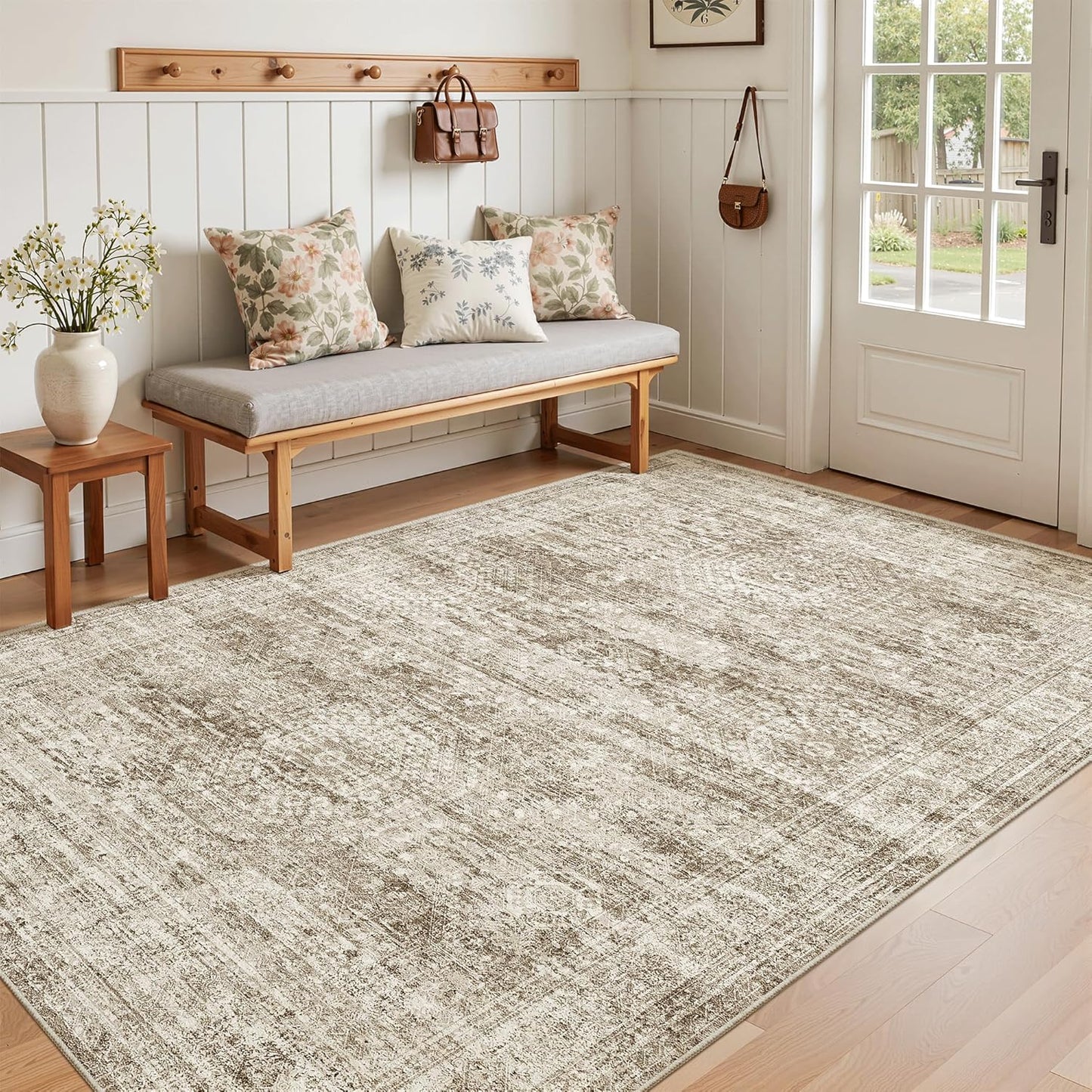 Washable Area Rug 8x10, Large Soft Rugs for Living Room Vintage Beige Carpet 8x10 Area Rugs for Bedroom Dining Room Non-Slip Stain Resistant Under Table Rug