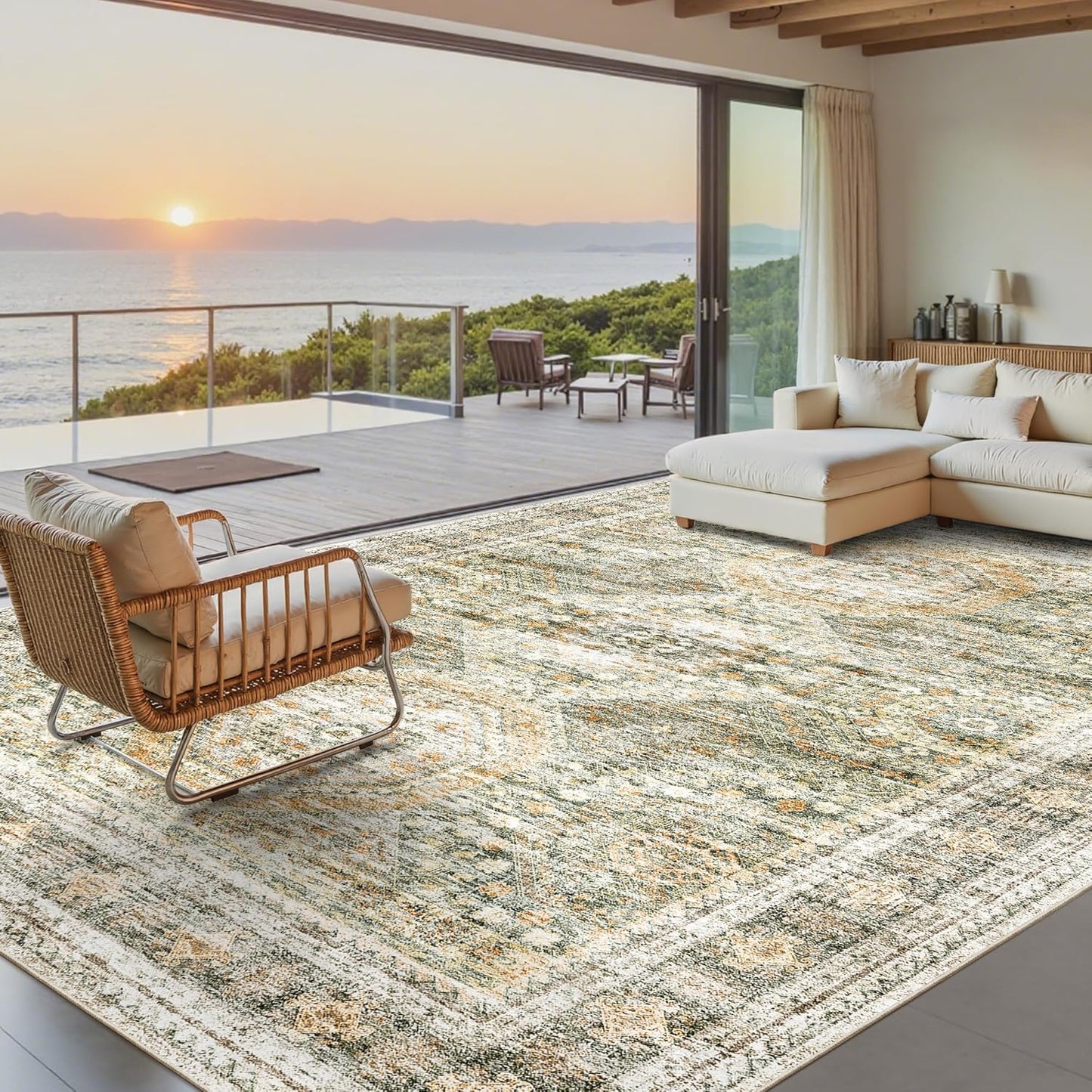 Washable Area Rug 8x10, Large Soft Rugs for Living Room Vintage Beige Carpet 8x10 Area Rugs for Bedroom Dining Room Non-Slip Stain Resistant Under Table Rug