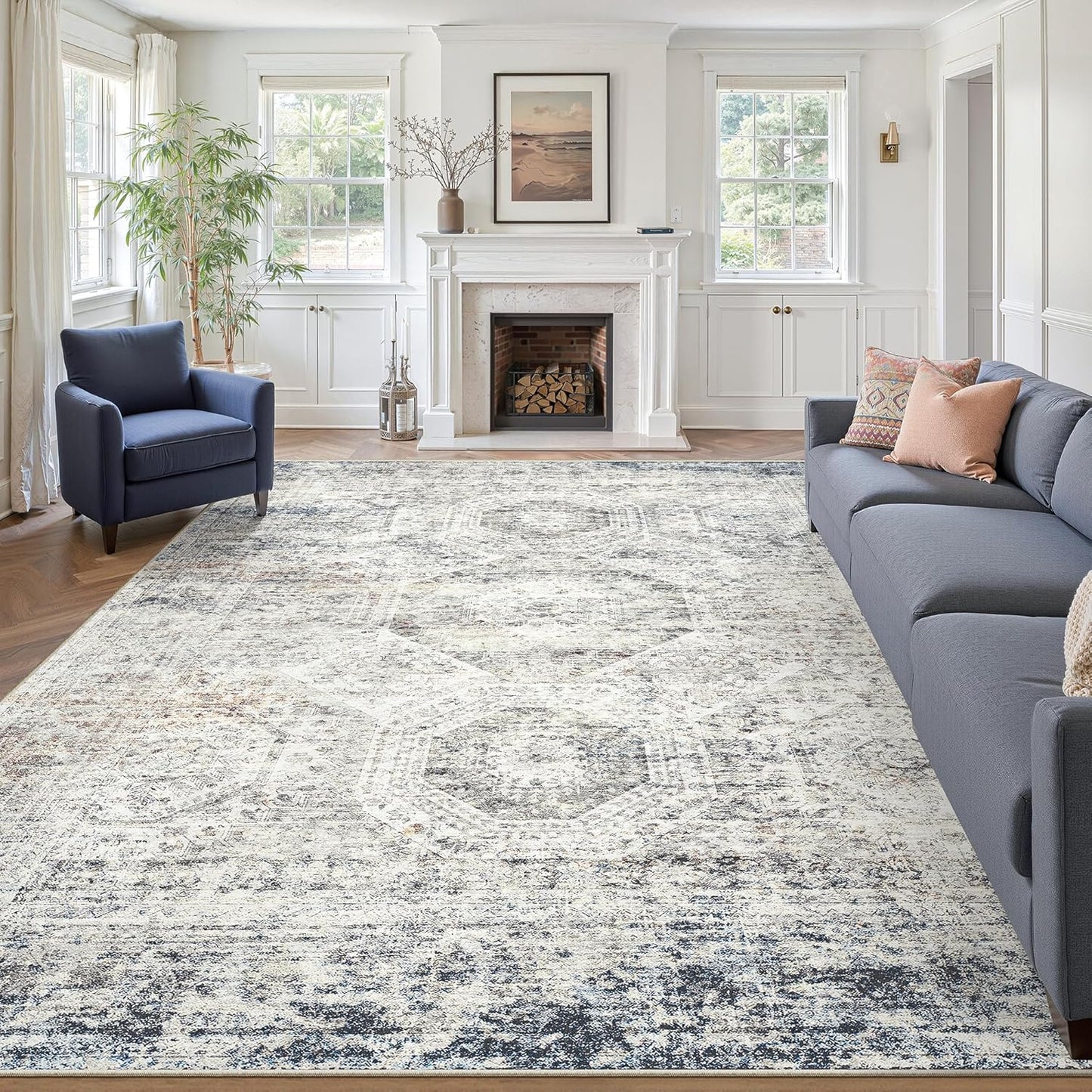 Washable Area Rug 8x10, Large Soft Rugs for Living Room Vintage Beige Carpet 8x10 Area Rugs for Bedroom Dining Room Non-Slip Stain Resistant Under Table Rug